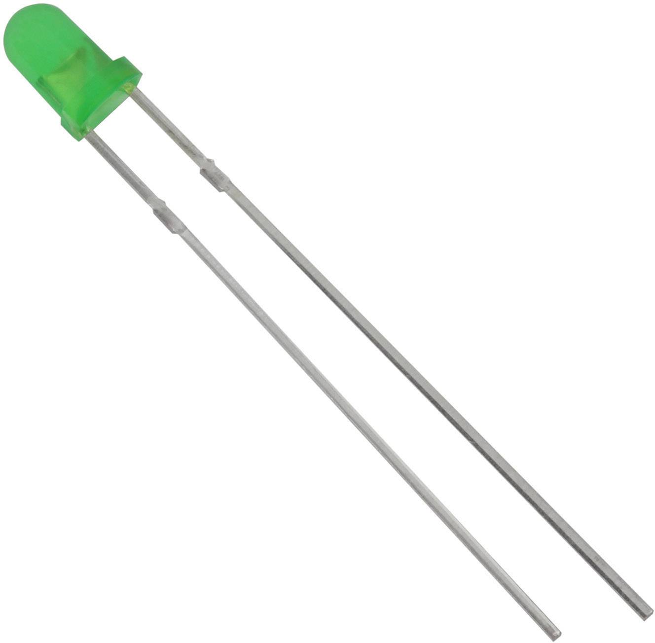 Green LED with two metal legs, isolated on a white background.