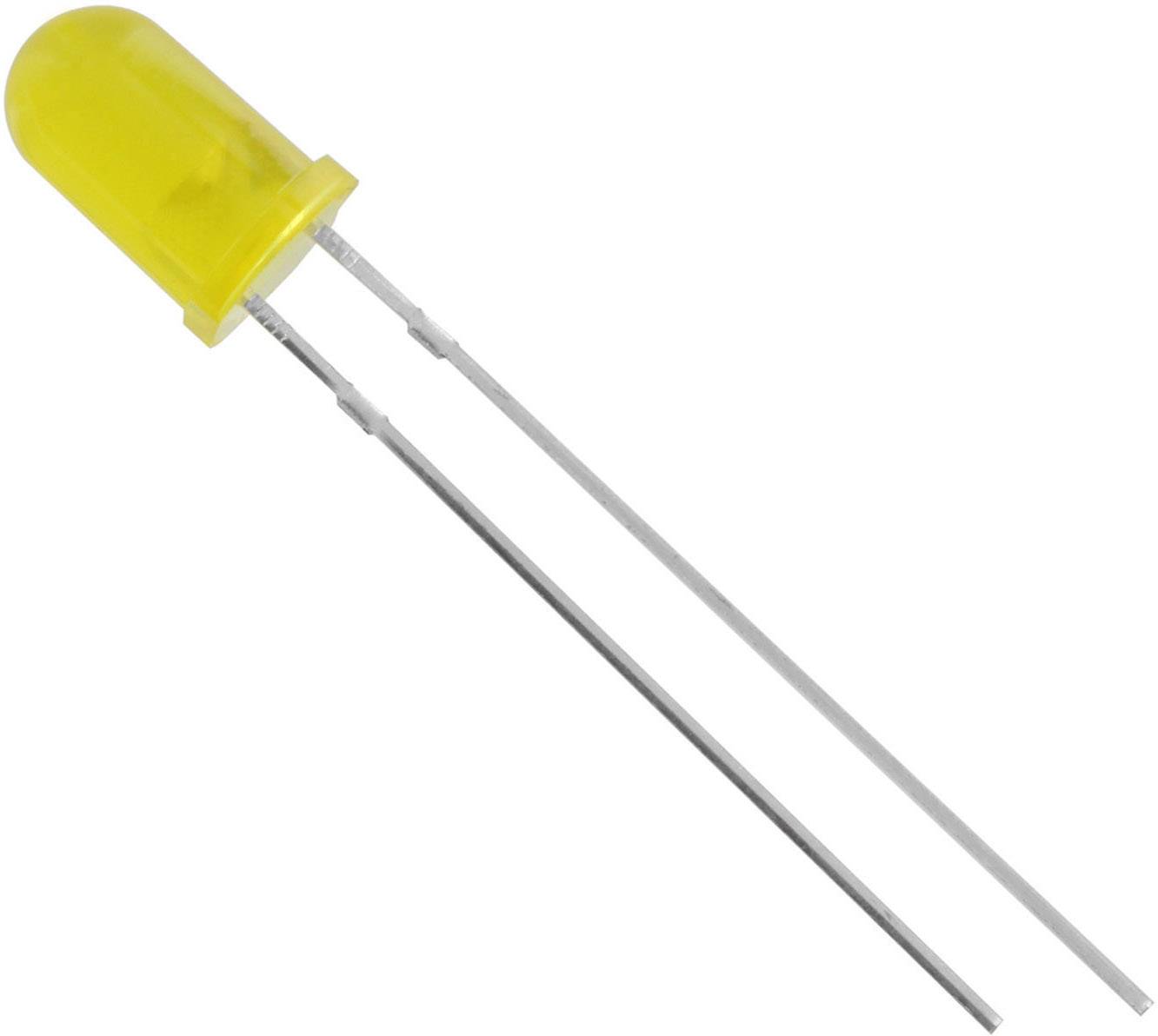 Yellow light-emitting diode (LED) with two connecting wires, shown on a white background.