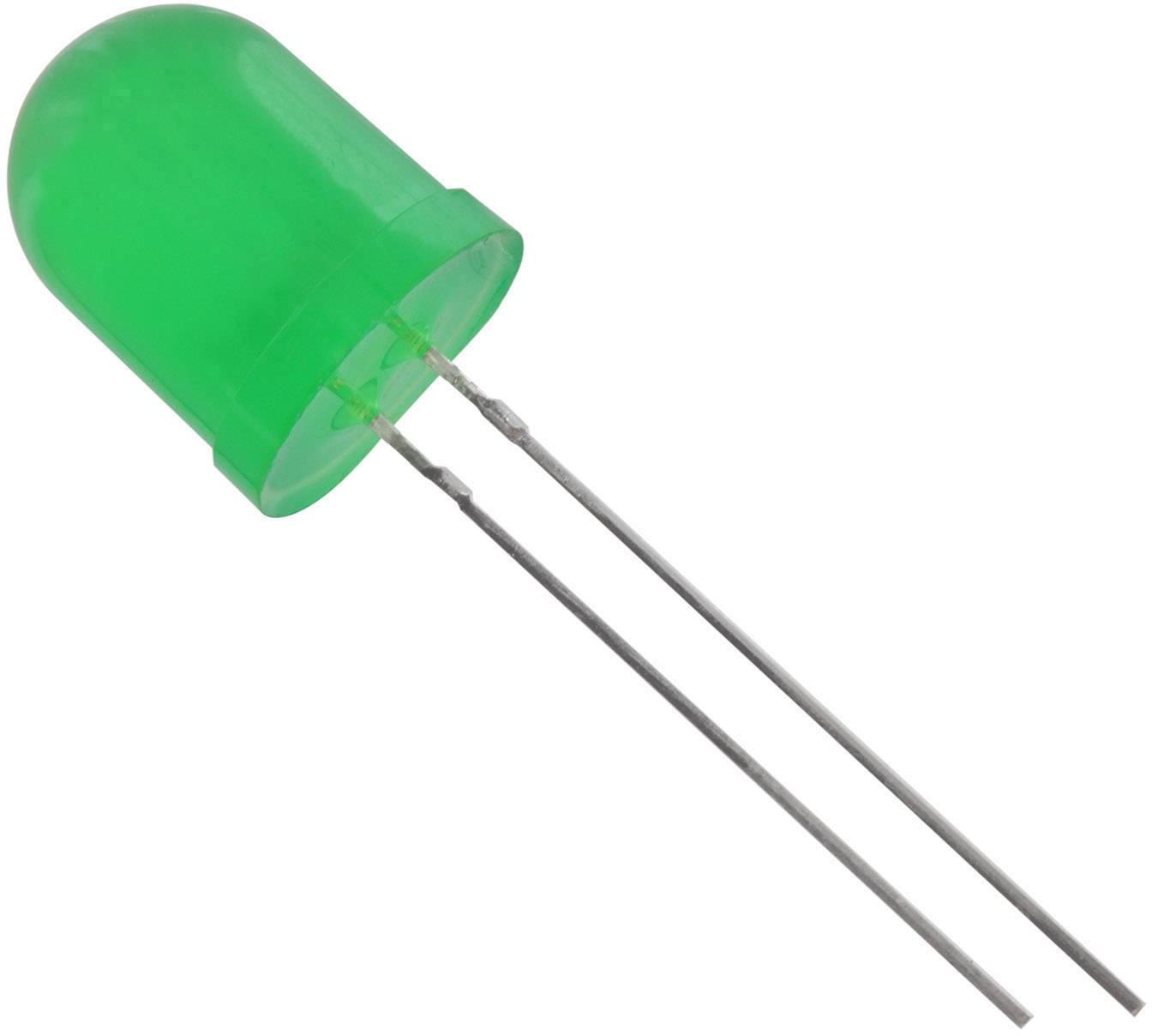 Green LED with two silver connection pins, which is used for electrical circuits.