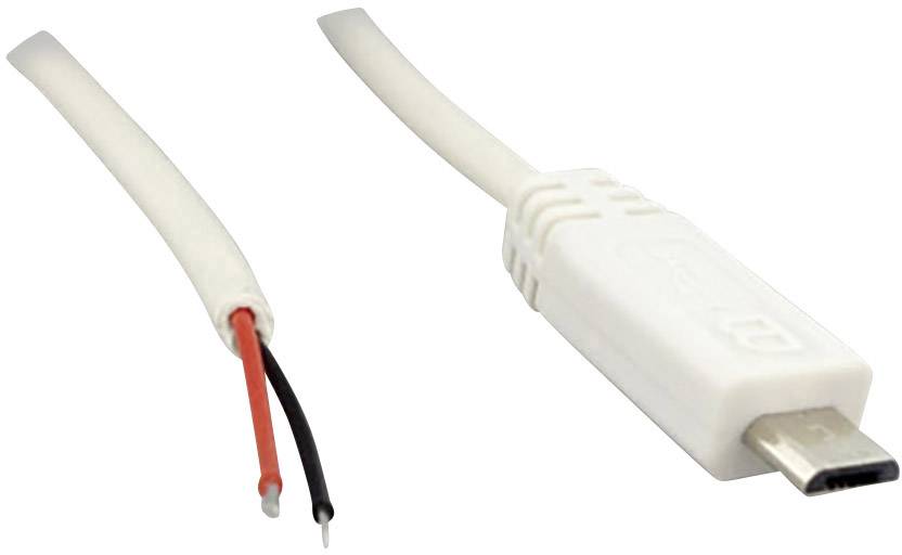 A white USB cable, partially stripped, reveals red and black wires next to an intact USB plug.
