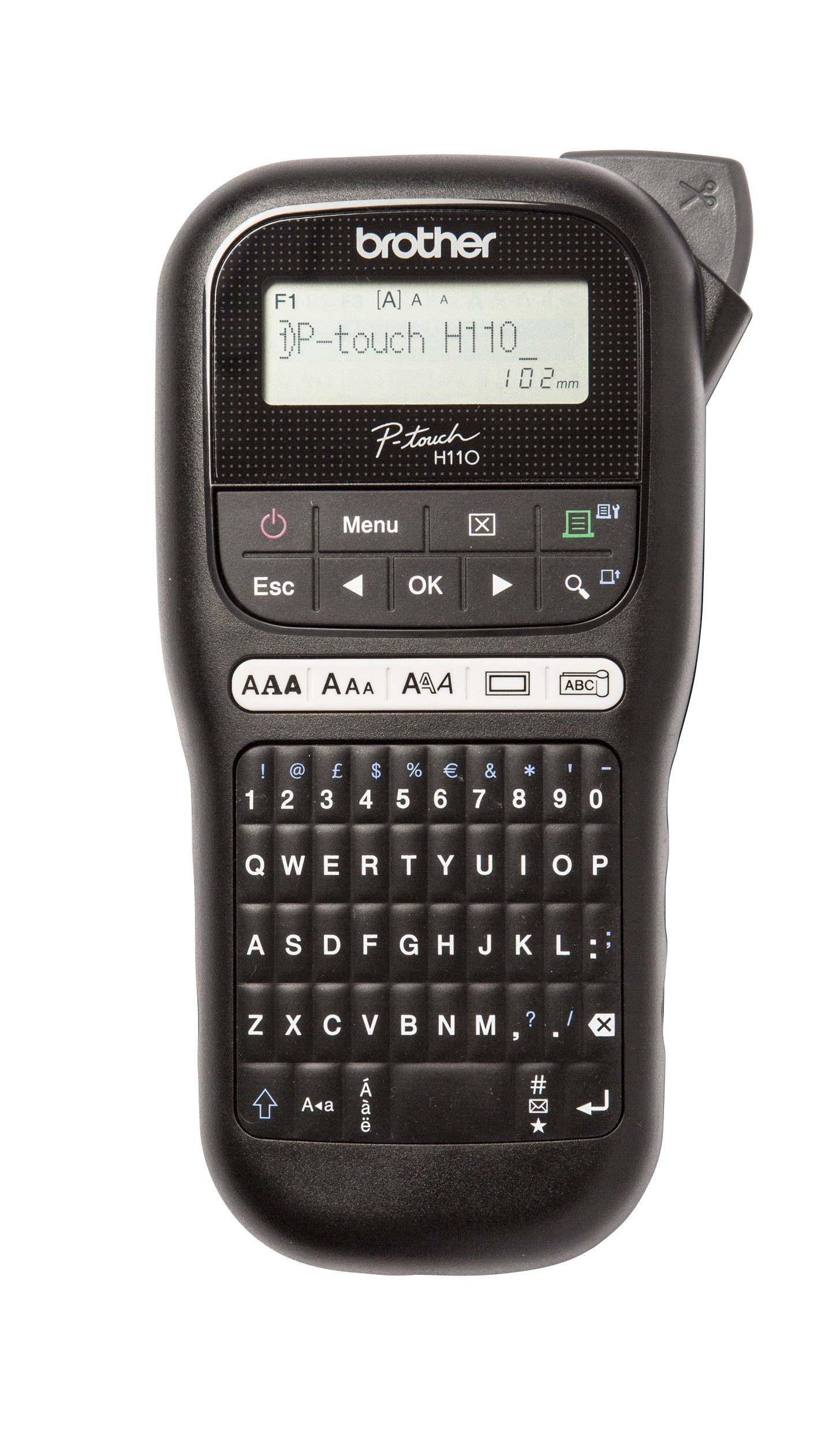 A portable labelling device with a keypad and display, showing the text 'P-touch H110'. Suitable for label creation.