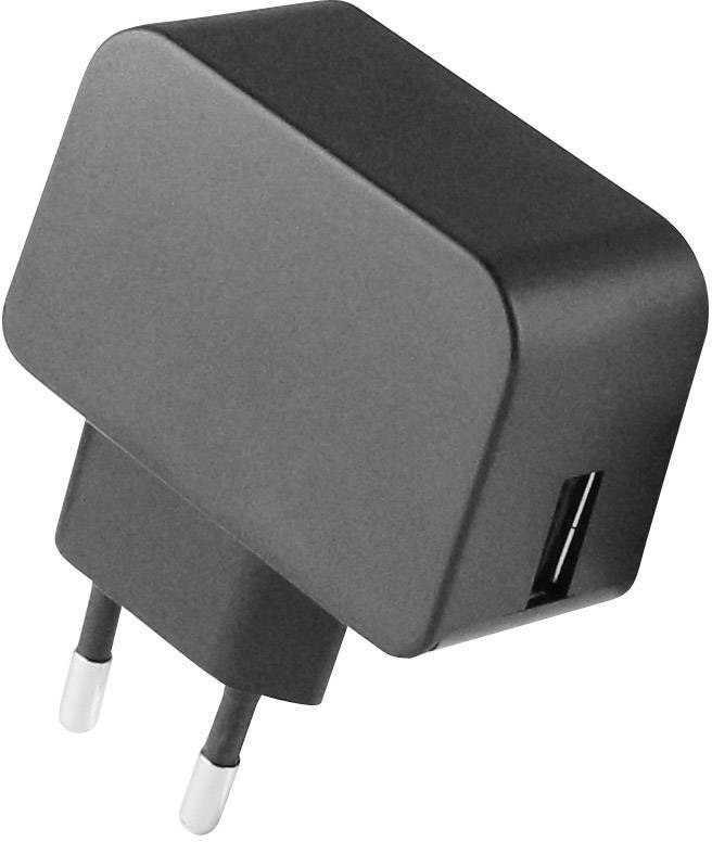 A black USB charger with European plug, suitable for charging mobile devices.