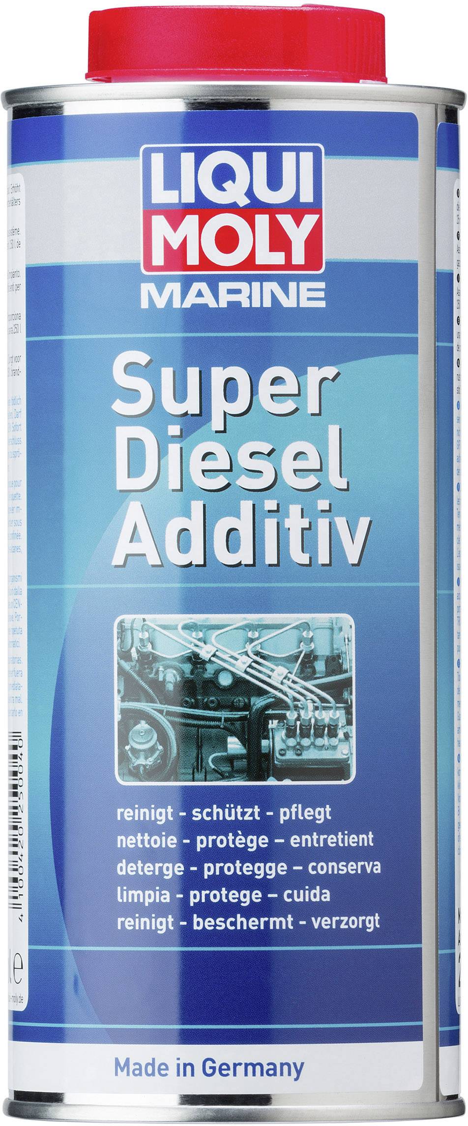 Dose of Liqui Moly Marine Super Diesel Additive with blue labelling. Inscription: 'cleans, protects, maintains'. Made in Germany.