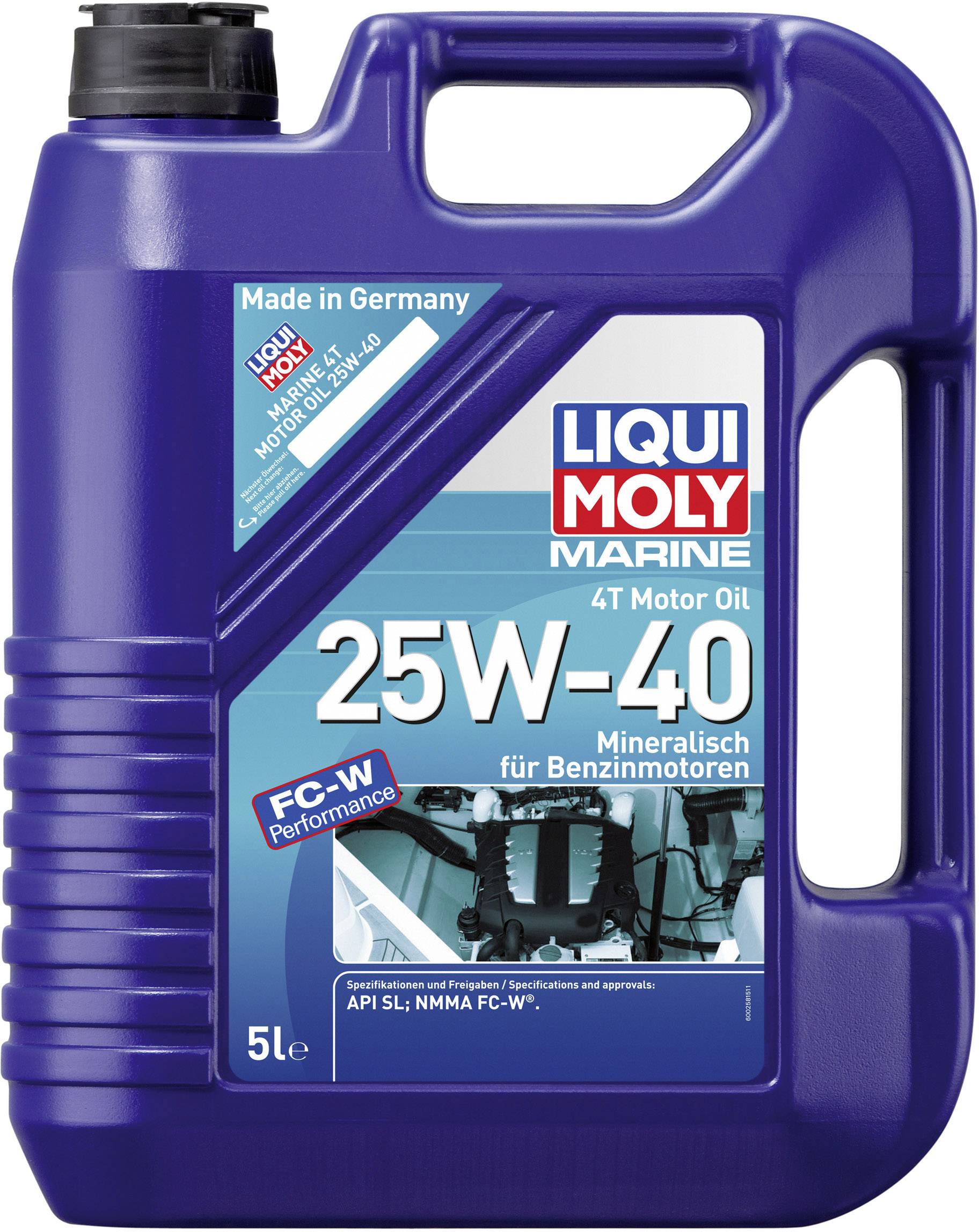 A blue 5-litre container of Liqui Moly motor oil 25W-40, mineral-based, for petrol engines, with marine image and 'Made in Germany' text.