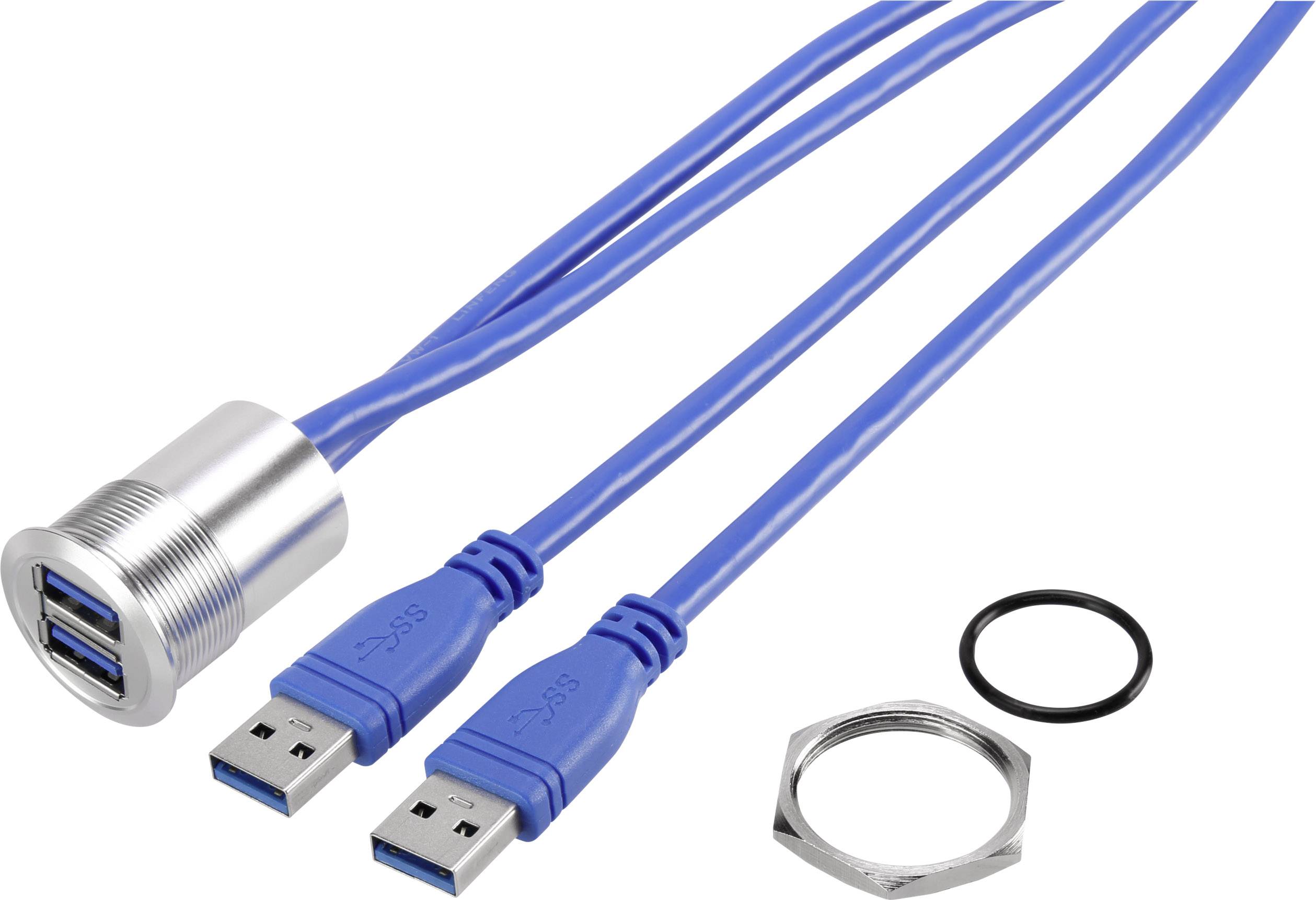 A blue USB cable with two connectors, connected to a metal socket, alongside a seal and a cap nut.