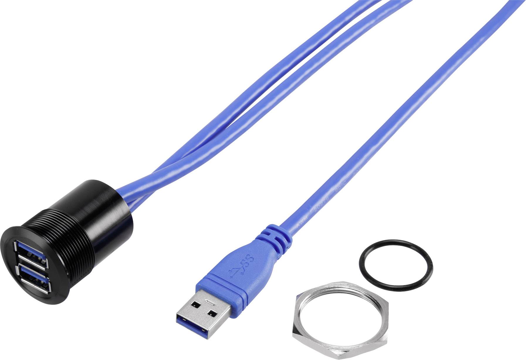 Blue USB cable with two USB 3.0 ports, black adapter, seal and hexagonal nut; suitable for front panel mounting.