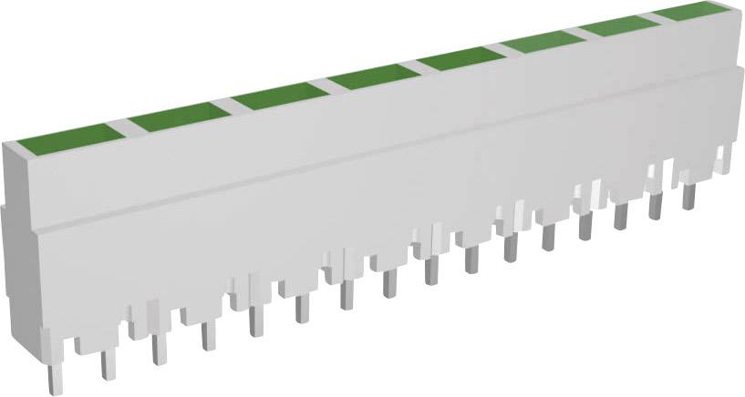 Electronic connector with green-marked contacts and multiple metal pins. Suitable for printed circuit board connections.