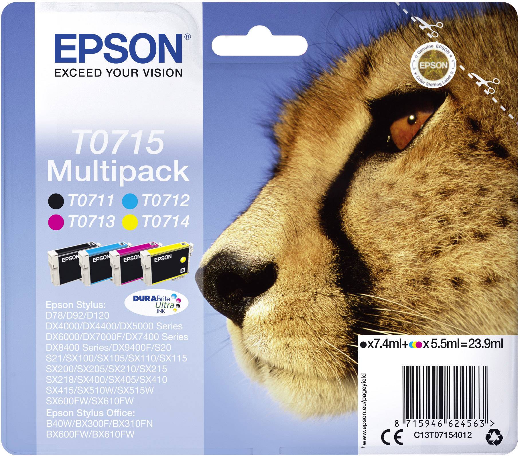 A packaging for Epson T0715 Multipack printer cartridges. A lion's head is depicted. Contains four ink cartridges: Black, Cyan, Magenta and Yellow.