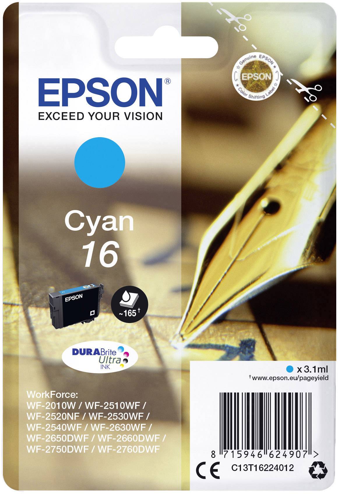 Epson Ink T1622, 16 Original Cyan C13T16224012