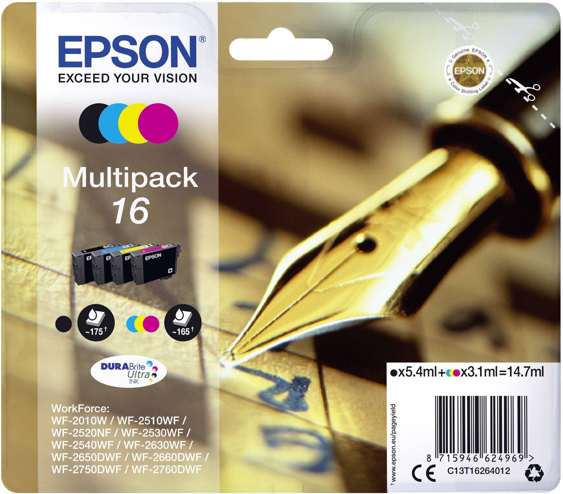 Epson Ink Cartridge, Multipack 16, contains colours: Black, Cyan, Magenta, Yellow. Compatible with listed printer models.