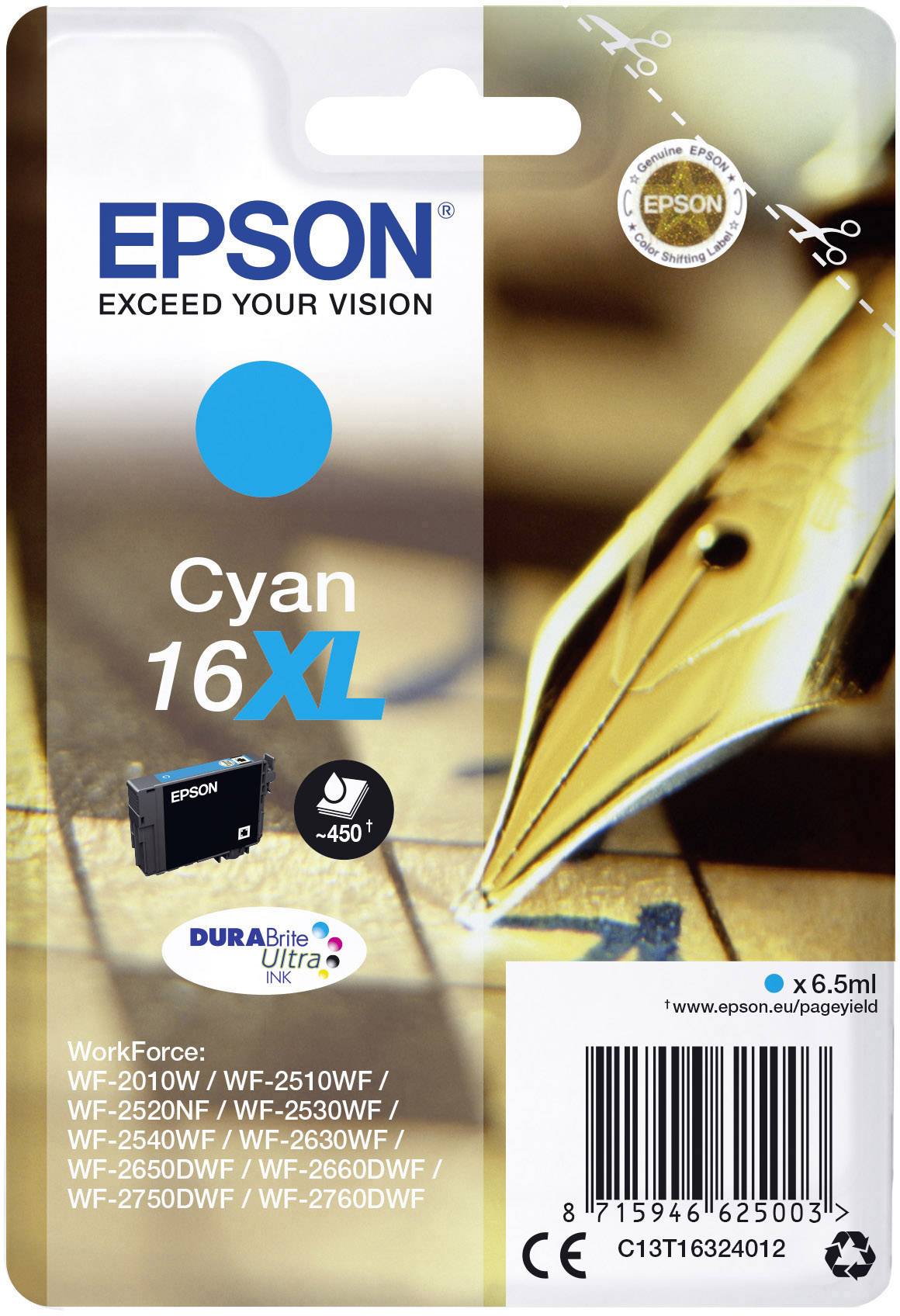 Epson Ink T1632, 16XL Original Cyan C13T16324012