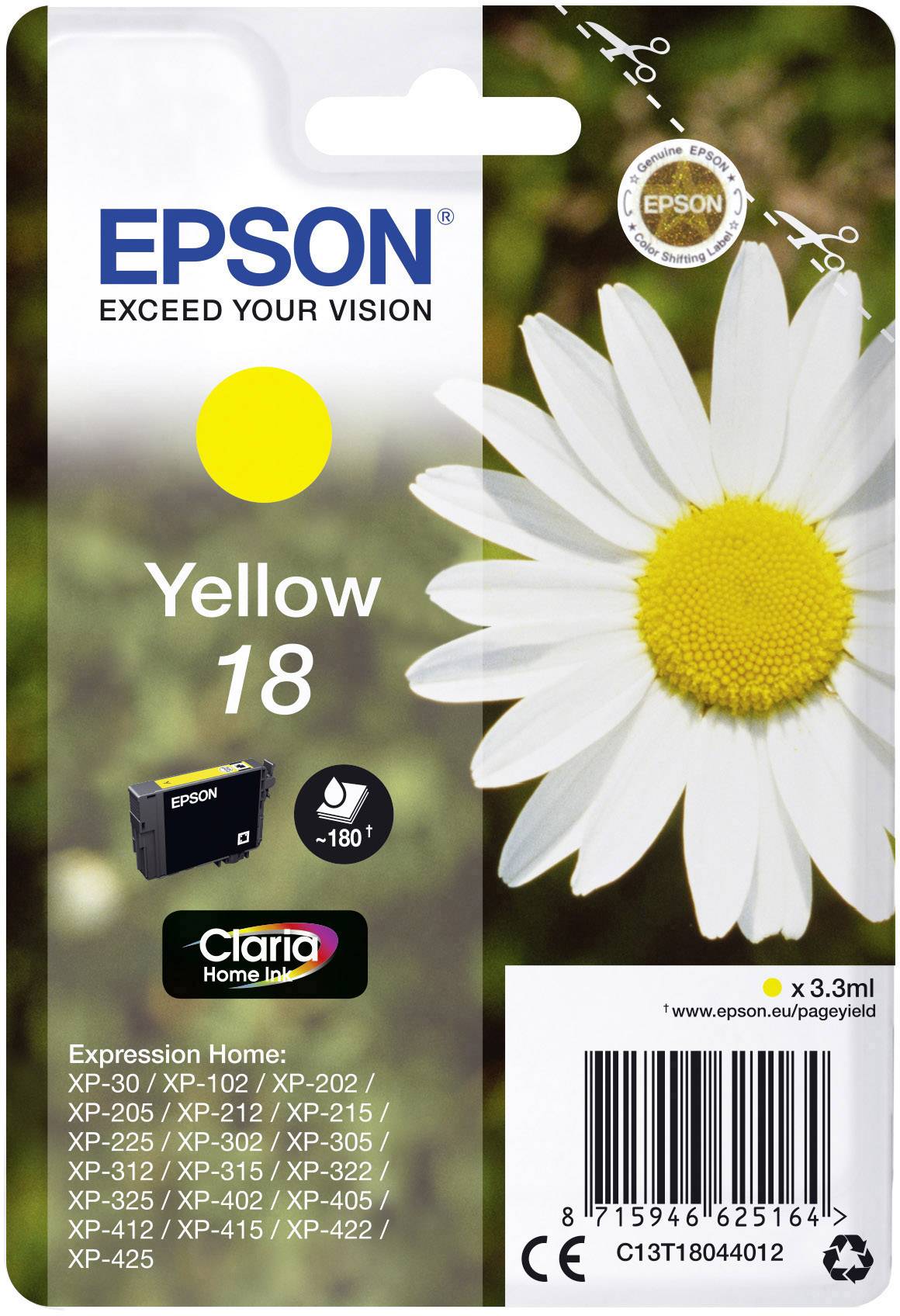 Epson Ink T1804, 18 Original Yellow C13T18044012