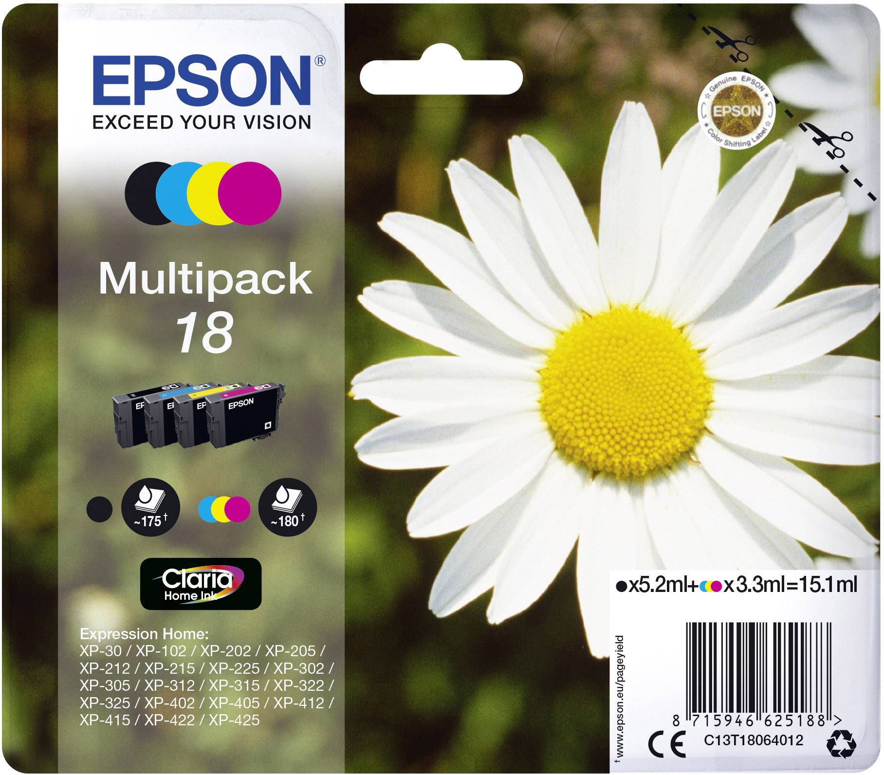 Epson Ink cartridge T1806, 18 Original Set Black, Cyan, Magenta, Yellow C13T18064012