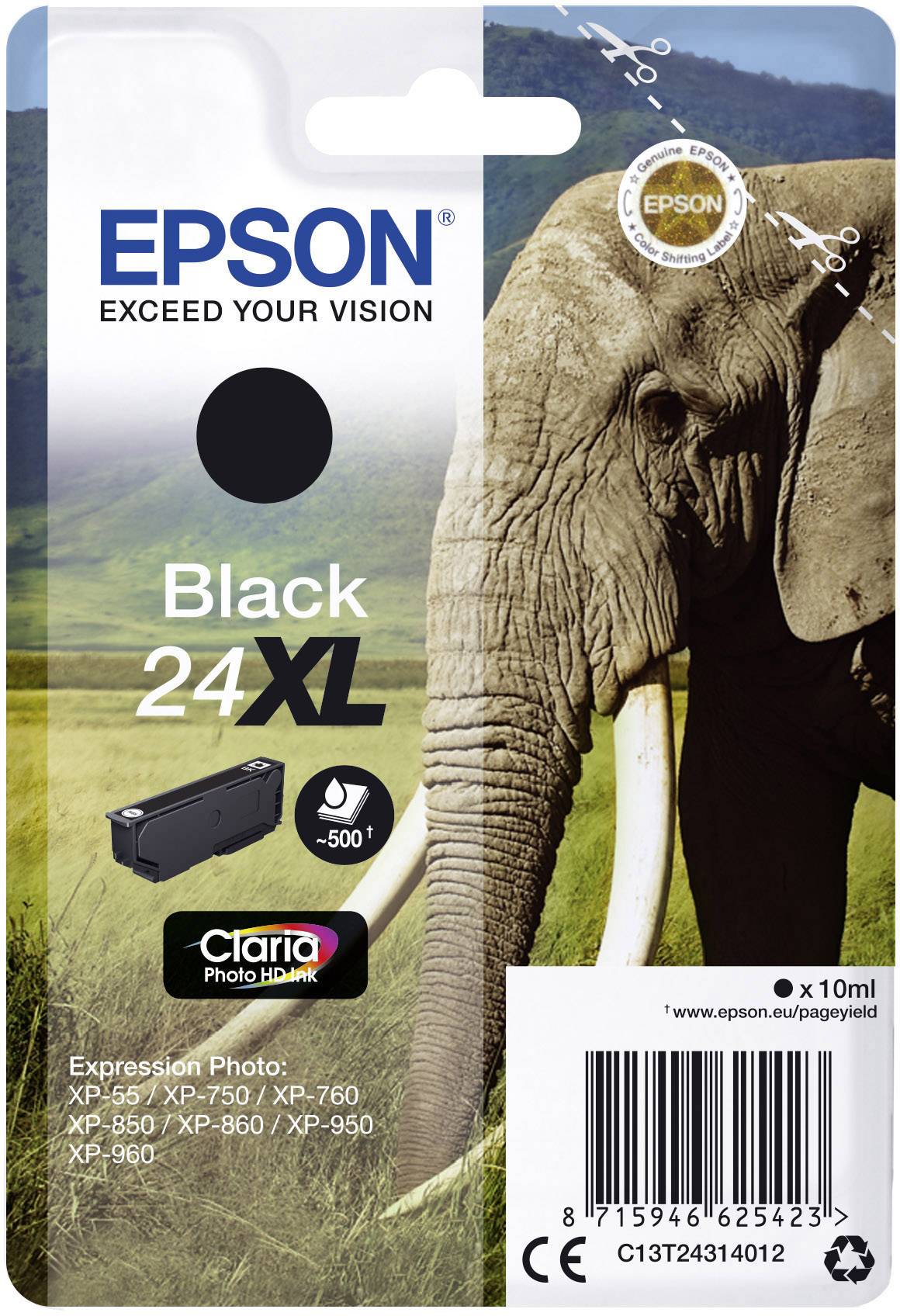 Black 'Epson 24XL' ink cartridge for printer, with a photograph of an elephant in the background. Suitable for Expression Photo XP-850, XP-960.