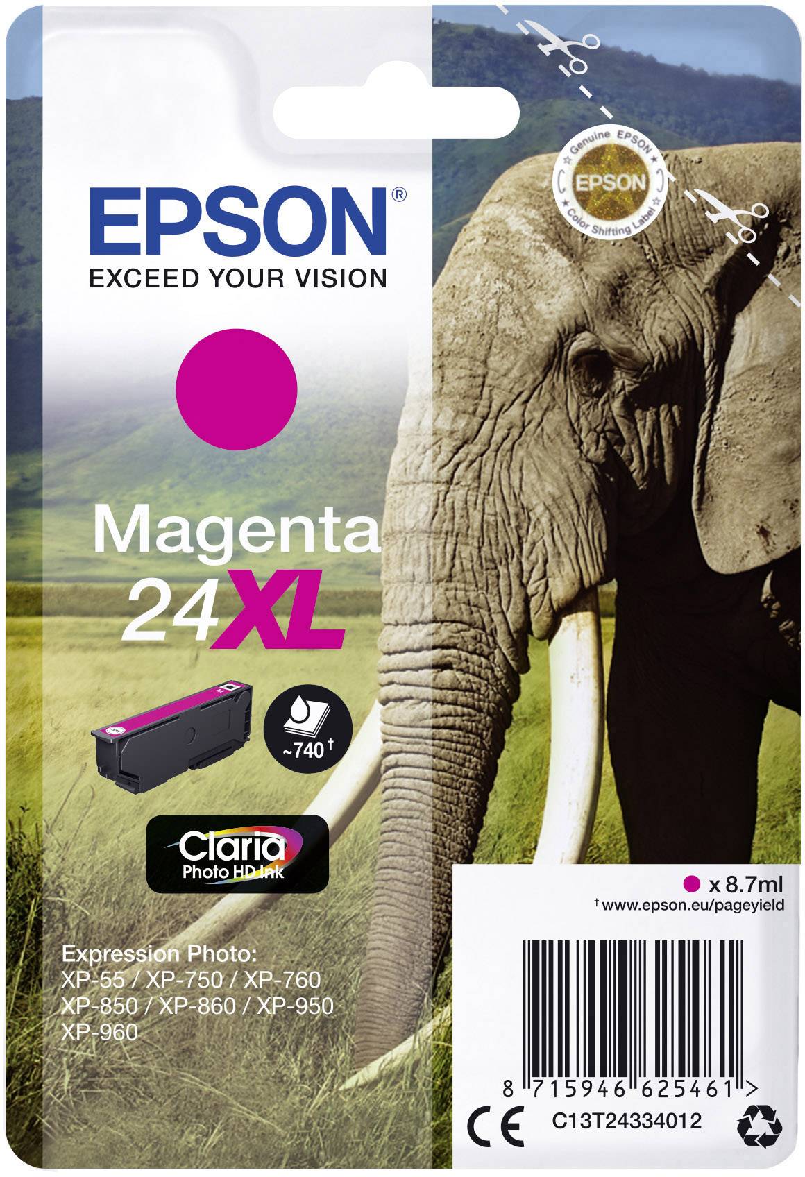 EPSON Magenta Ink Cartridge 24XL for Expression Printers; Elephant Motif in the Background. Compatible with Various Epson Models.