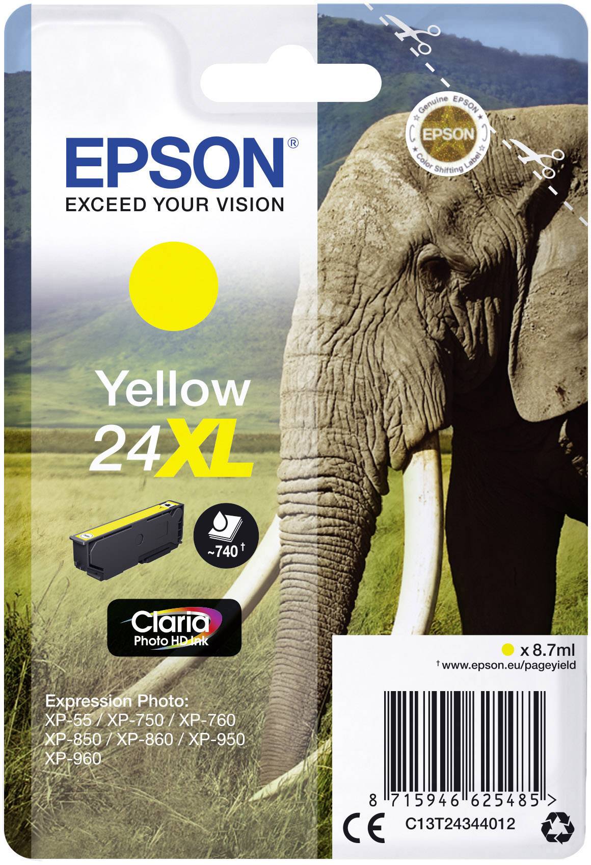 Epson Printer Cartridge, Yellow, Size 24XL, Claria Photographic Ink. Image of an elephant in the background. Compatible with Expression Premium Printers.
