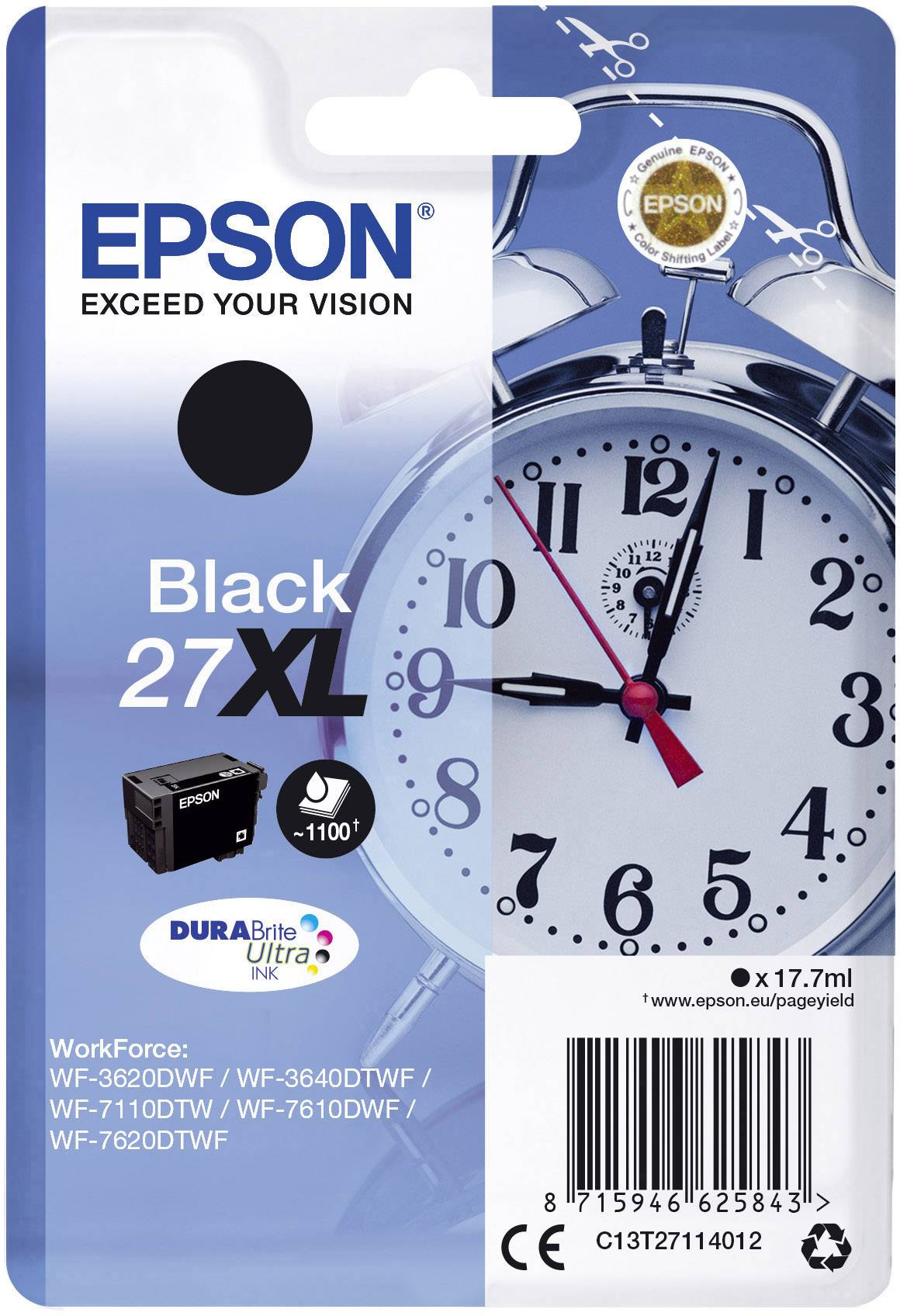 'Epson' Ink Cartridge 27XL for Printer. Black Ink, compatible with models WF-3620DWF, WF-3640DTWF, WF-7110DTW, WF-7610DWF, WF-7620DTWF.
