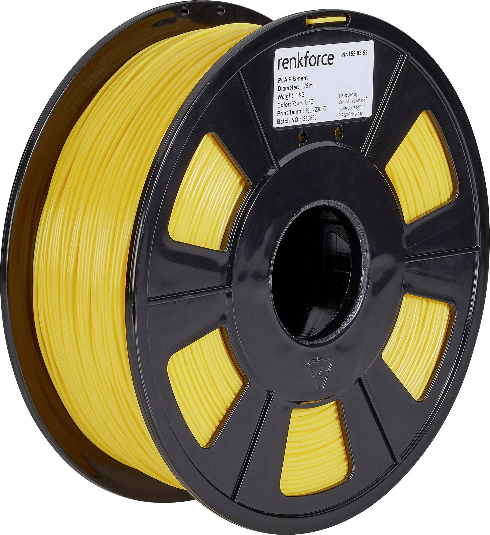 A spool of yellow PLA filament by Renkforce for 3D printers. Label displays specifications such as diameter and printing temperature.