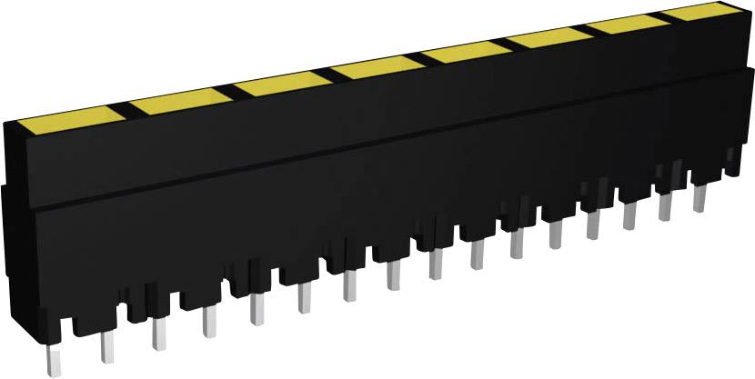 Black, rectangular electrical plug with yellow markings and multiple metal pins for printed circuit board connections.