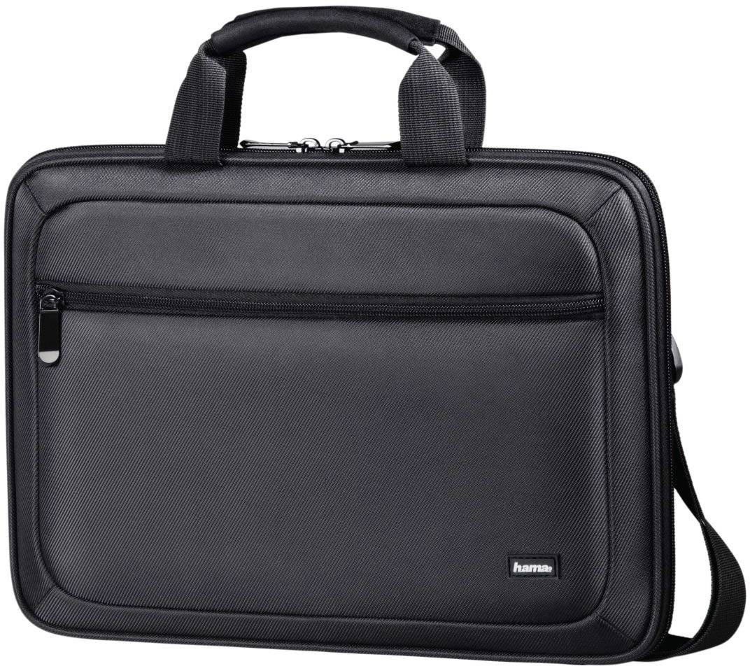 Black laptop bag with handles and a long, detachable shoulder strap. It has a zippered outer pocket on the front.
