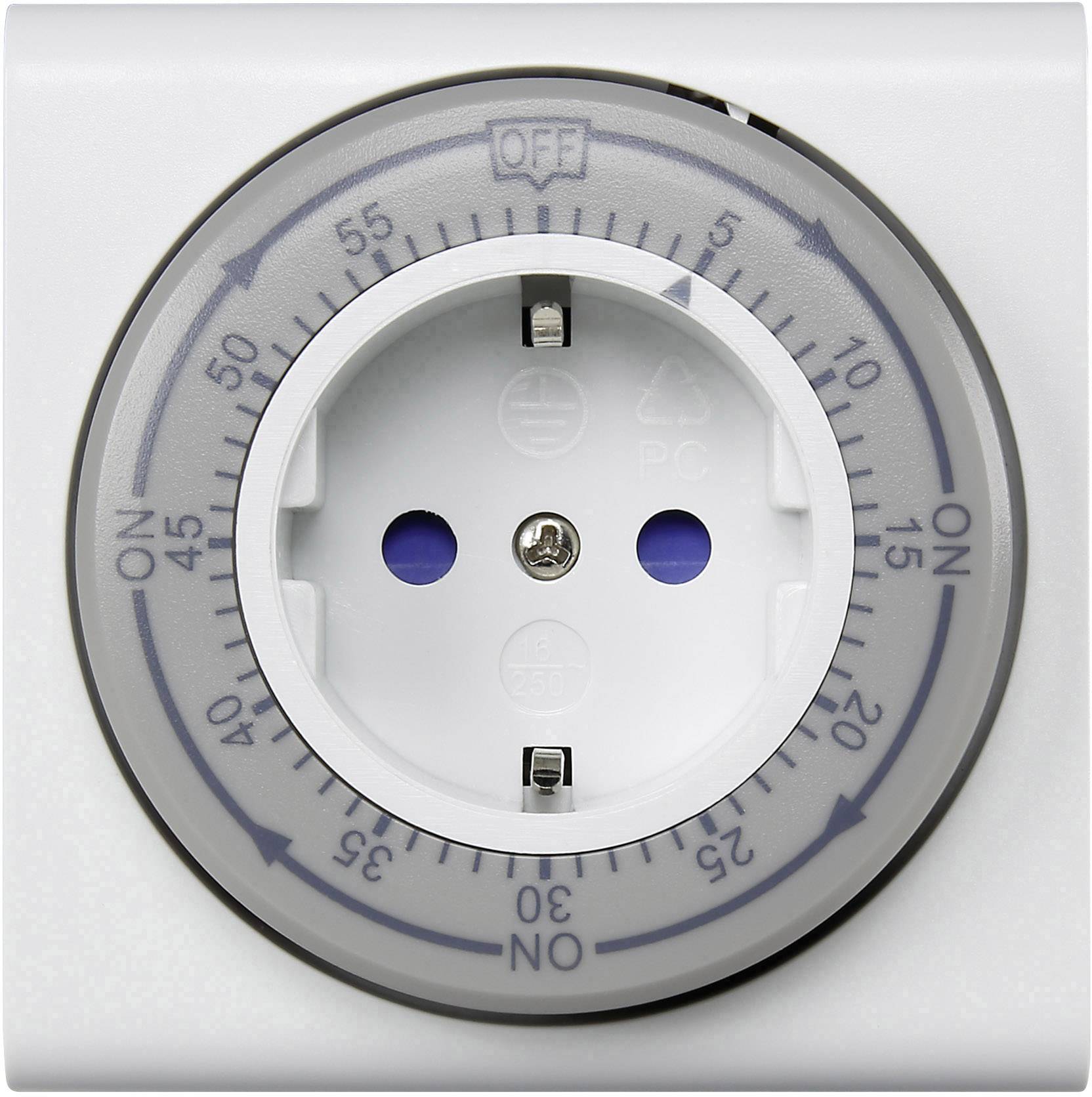 Time switch socket with adjustable on/off times for automatically controlling electrical devices.