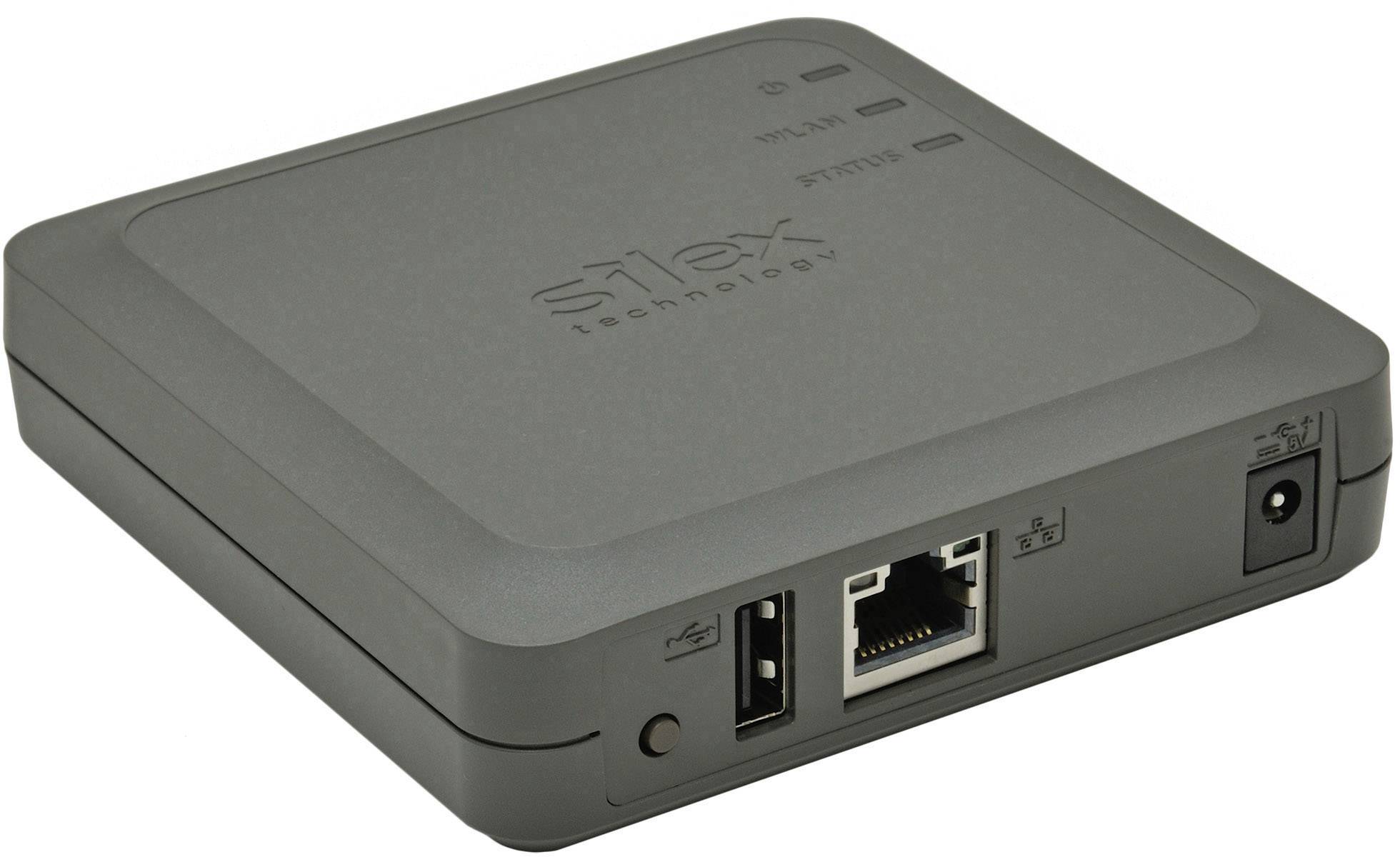 A grey network adapter with USB and Ethernet ports. Used for connecting devices to a network.