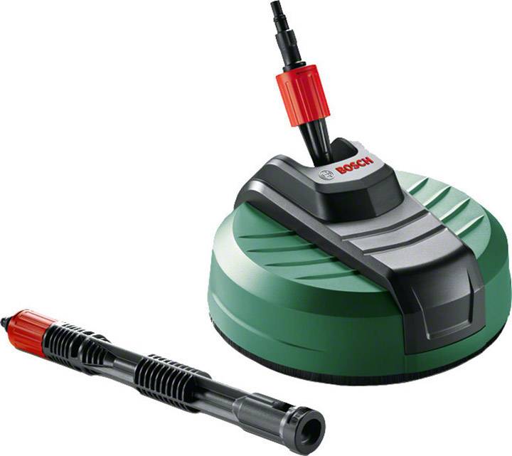 A green Bosch surface cleaner and extension pole for pressure washers, suitable for cleaning patios and paths.