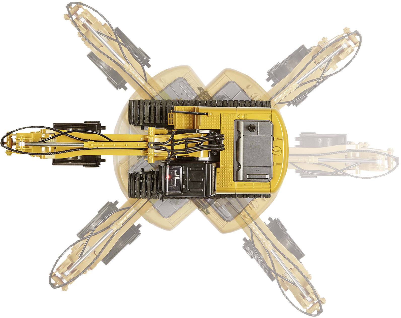 Excavator photographed from above, showing the bucket movement in four positions, illustrating the sequence of movement and range of motion.