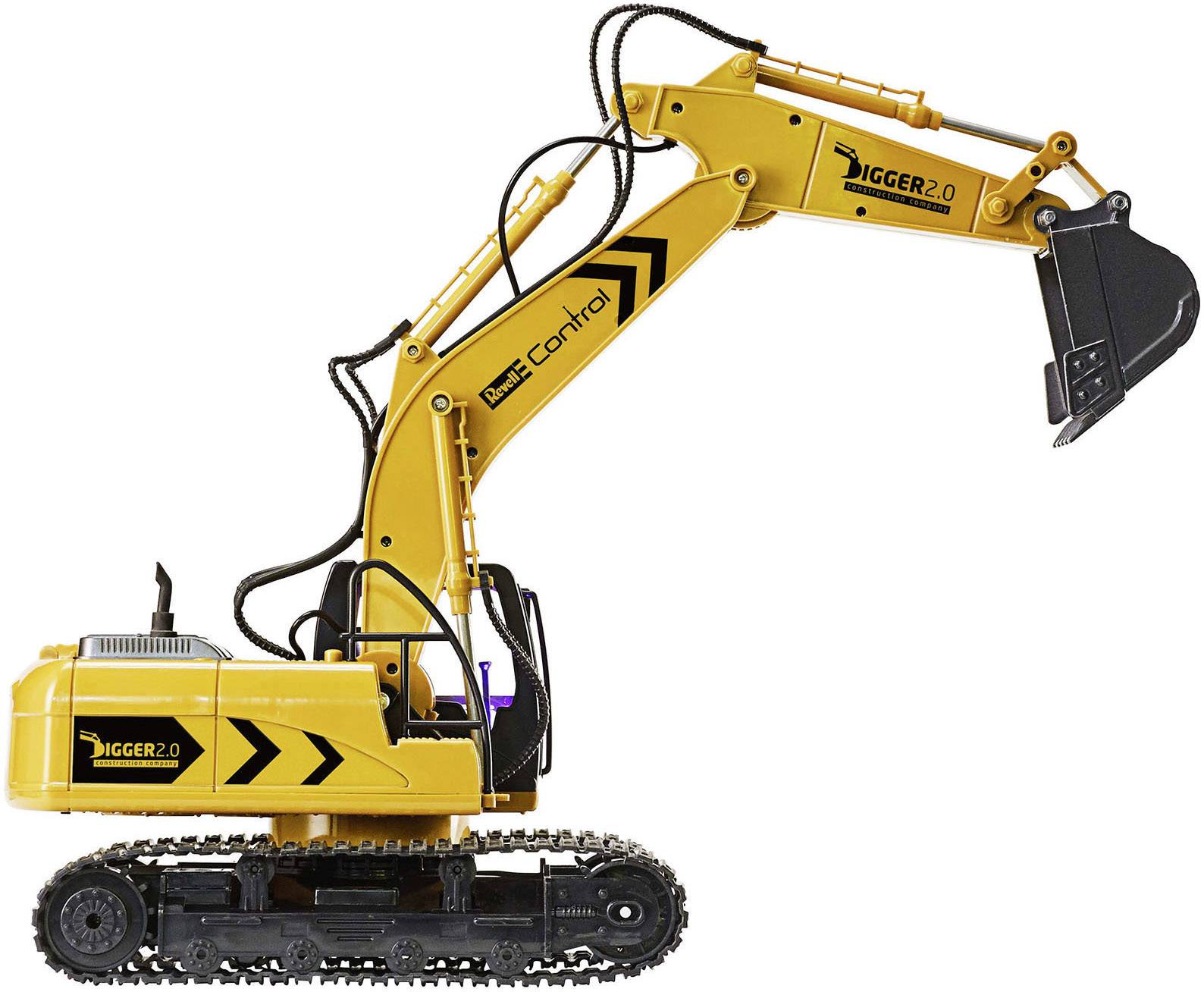 A toy digger with the inscription 'Digger 2.0', yellow with black details, on caterpillar tracks, raising its arm.