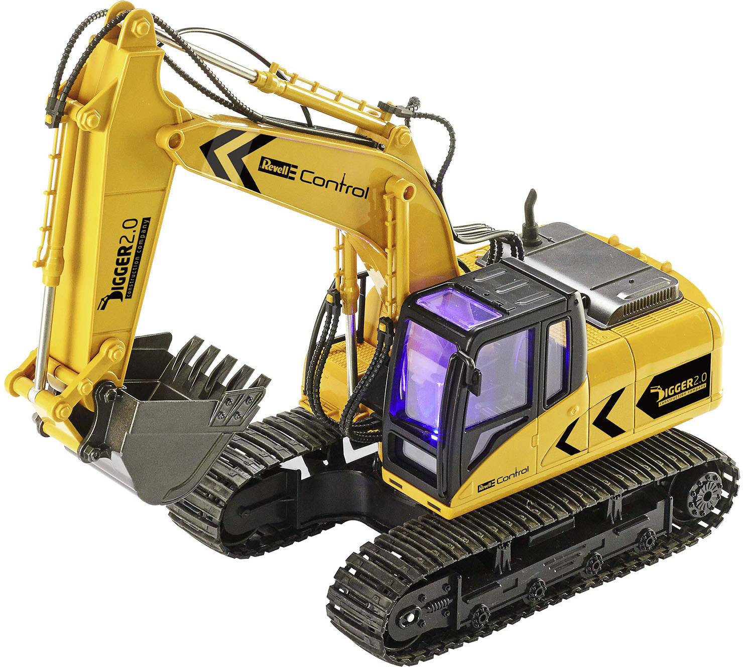 A yellow model of a remote-controlled excavator with a large bucket arm and grey caterpillar wheels, with surfaces marked 'Control' and 'Digger 2.0'.