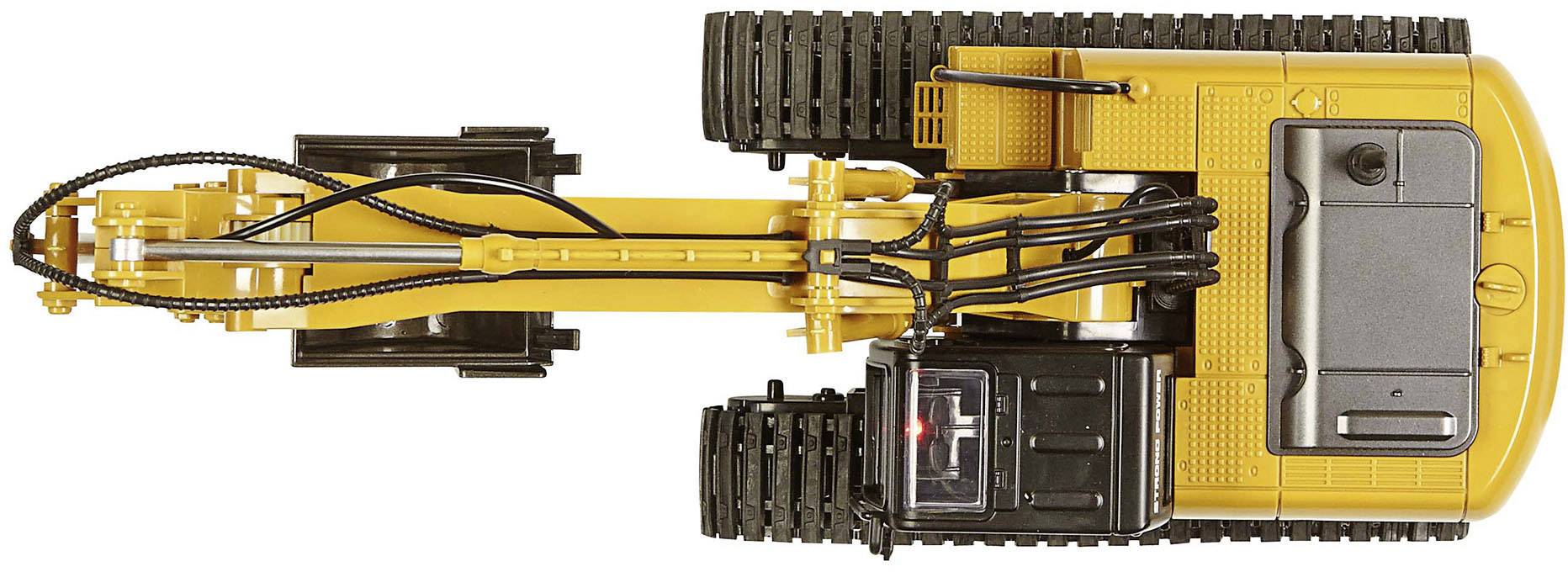 Yellow excavator viewed from above, showing detail of the caterpillar tracks and hydraulic arm.