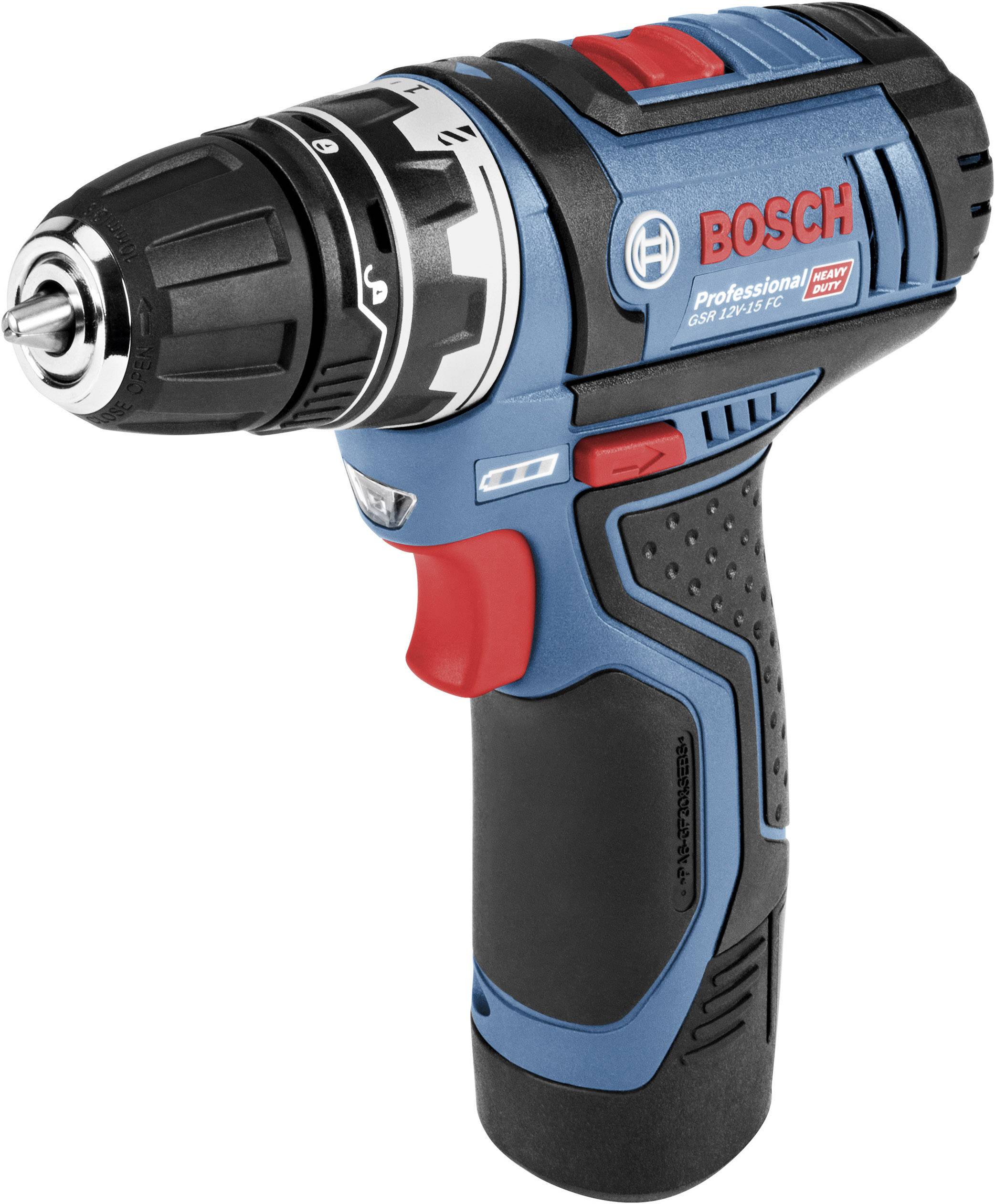 A blue Bosch cordless drill driver with a red trigger and black handle. Durable design for professional applications.