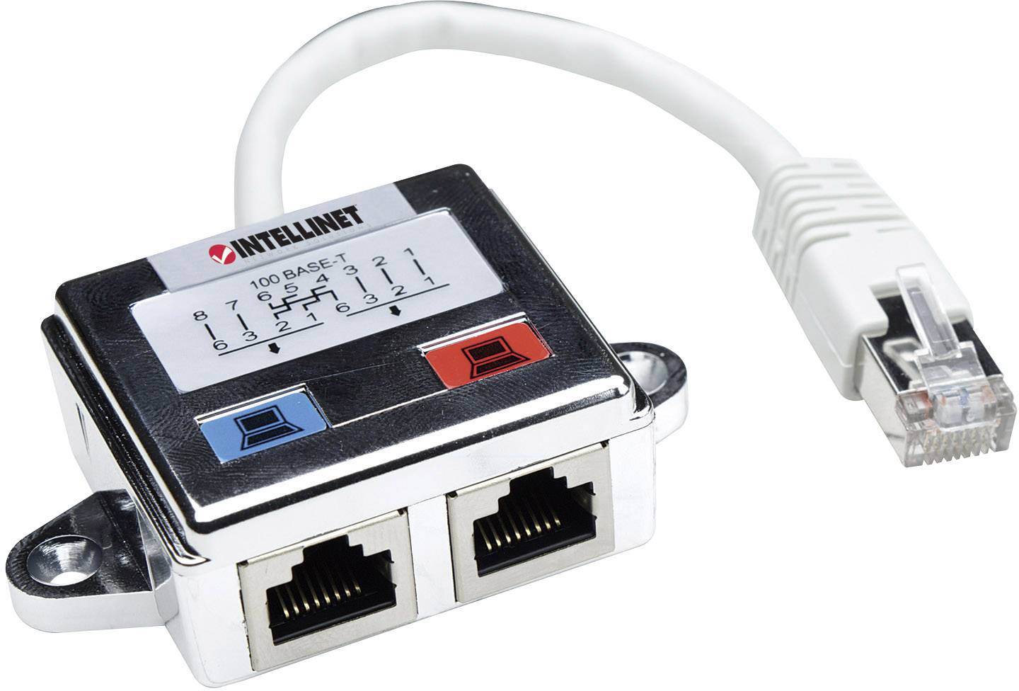 A network switch with two Ethernet ports and an attached cable. The switch has markings for two connections.
