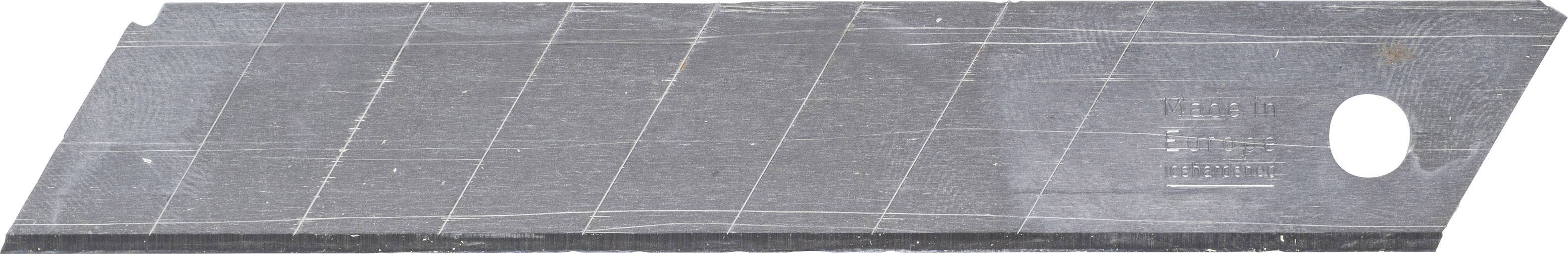 The image depicts a grey snap-off blade of a utility knife with multiple break-off segments and a hole at the right-hand end.