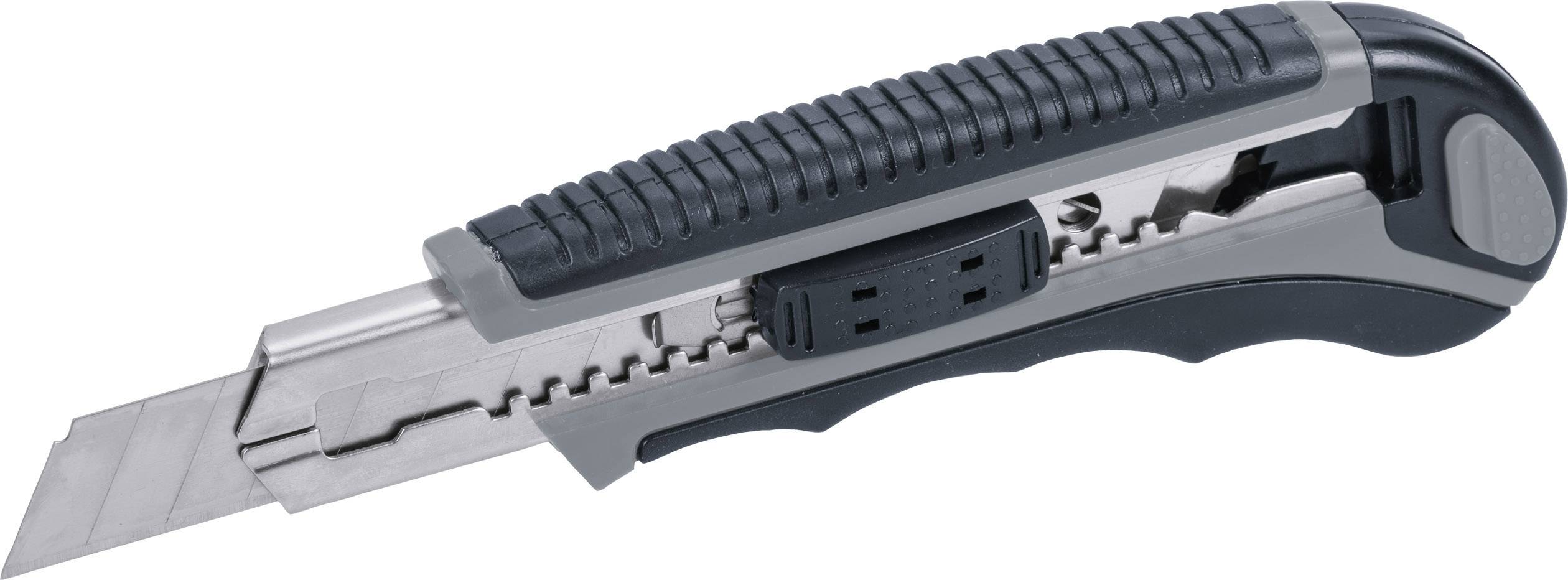 A black and grey utility knife with a retractable blade in a partially extended position.