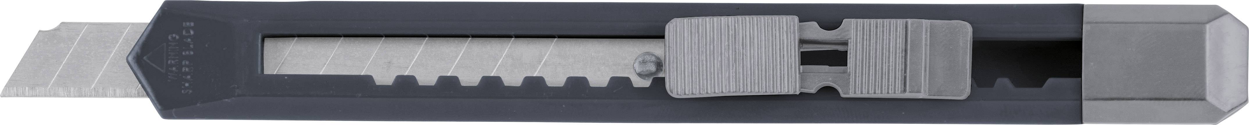 A grey utility knife with a retractable blade, used for cutting work. It is lying on a white surface.