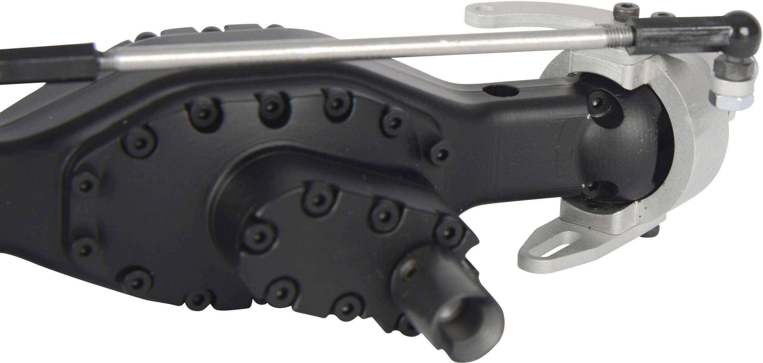 Close-up of a mechanical component made of black metal with screws and levers. Principal element of a larger technical system.