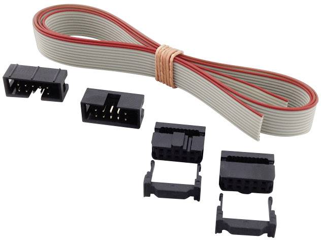 A set of electronic connectors with a flat, grey cable featuring red stripes and multiple black plastic plugs.