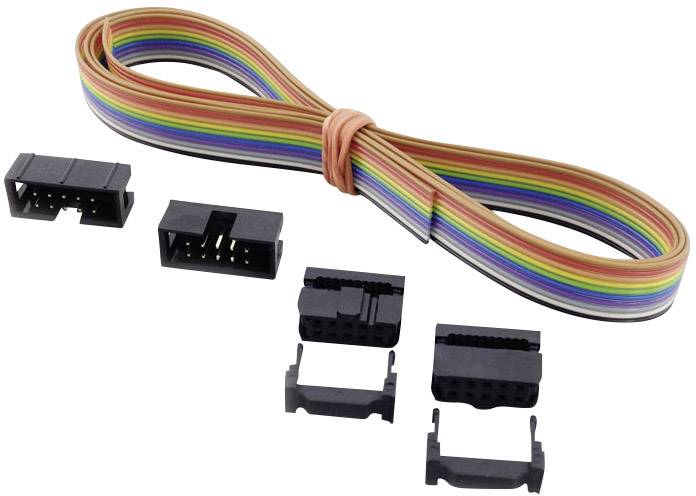 Flat, multi-coloured flat ribbon cable with multiple black connectors. Suitable for electronic projects and device connections.
