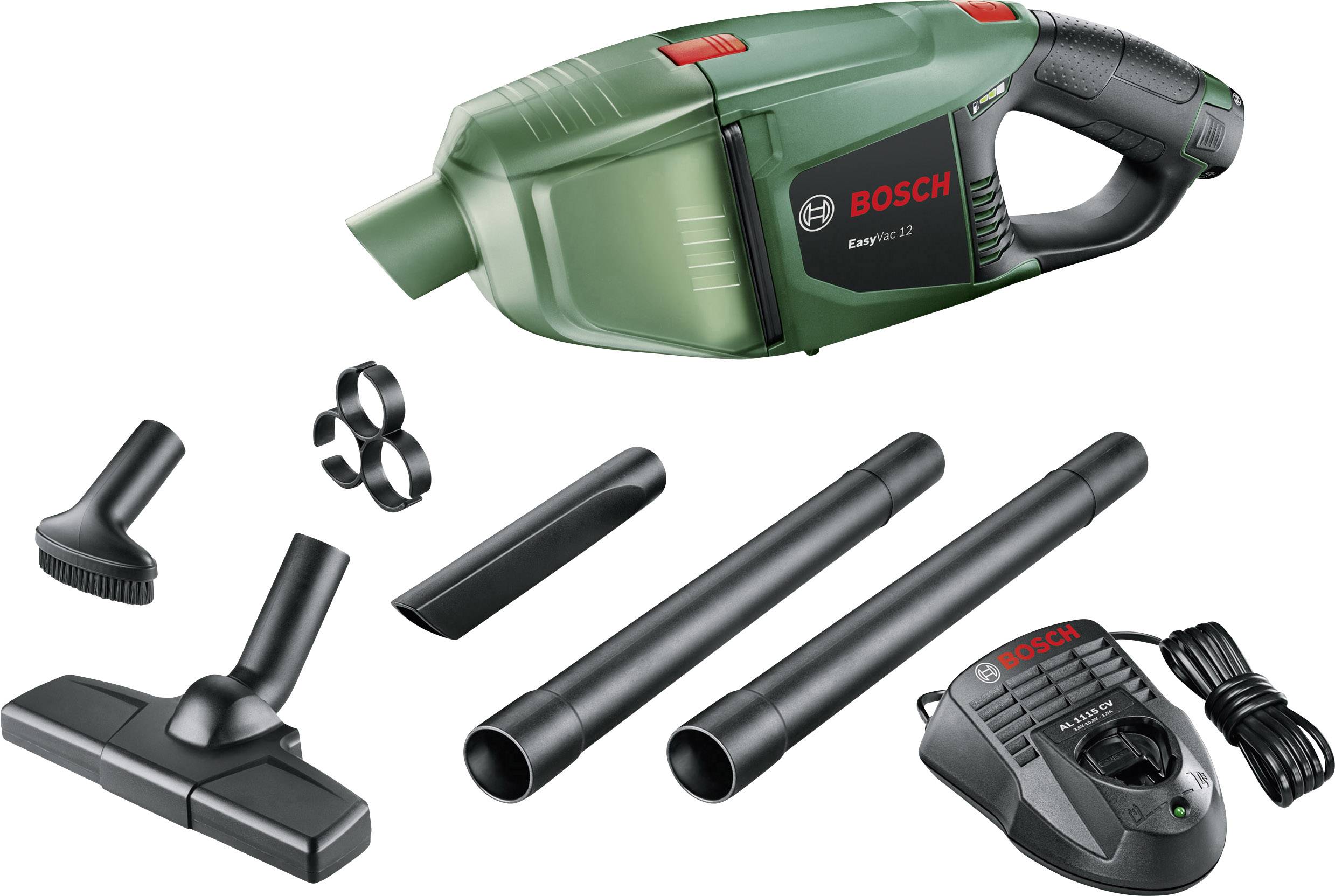Green Bosch cordless vacuum cleaner with accessories: three nozzles, suction tubes, charger and mounting rings. Ideal for flexible cleaning.