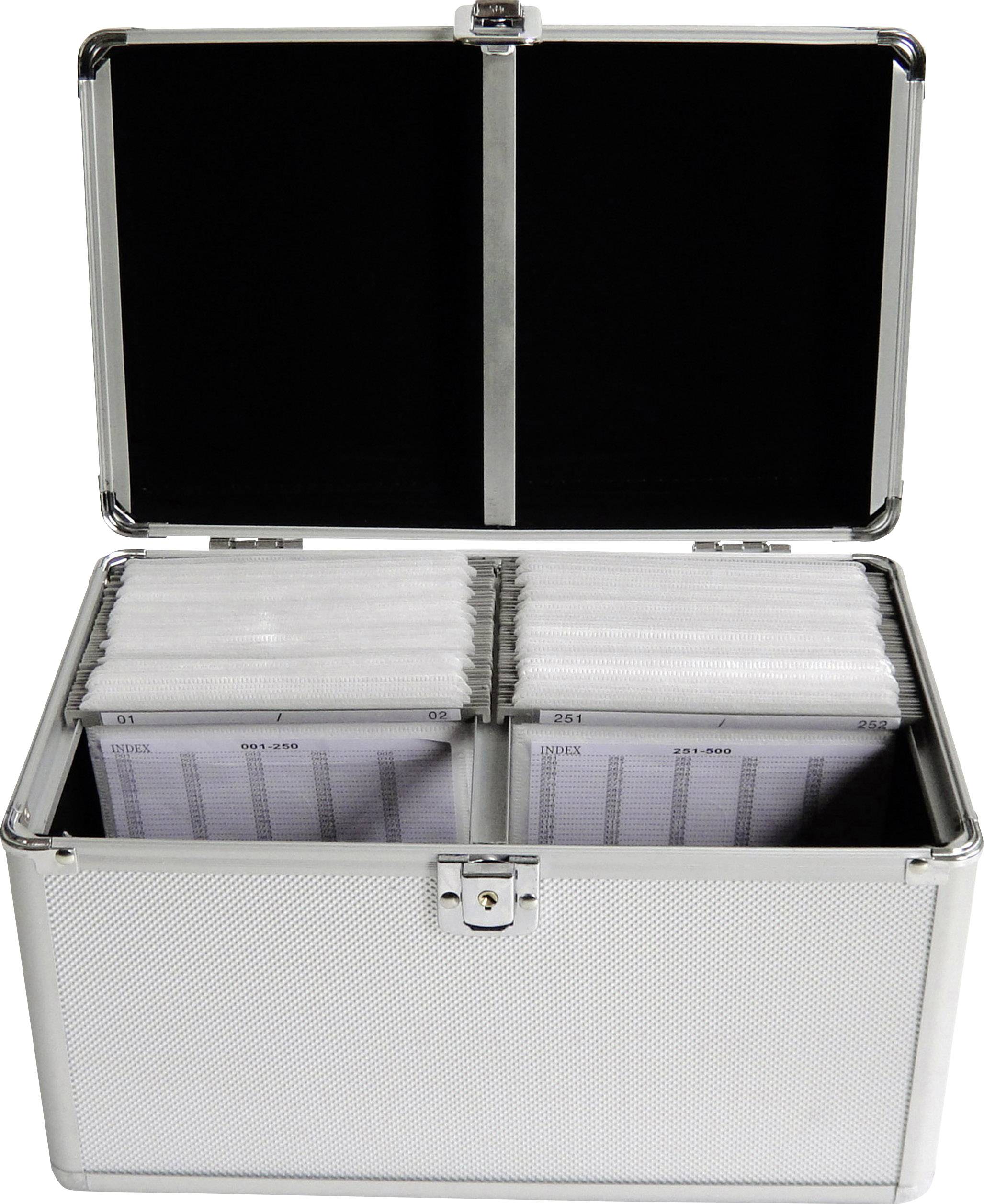Metal case with open lid, filled with numbered CD cases arranged in two rows.