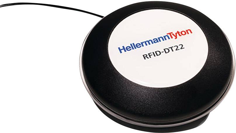 RFID reader by HellermannTyton, model 'RFID-DT22', in a round, black housing with cable.