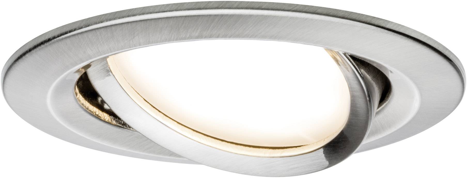 A brushed metal directional spotlight with a pivoting frame, emitting warm light. Suitable for modern ceiling installations.