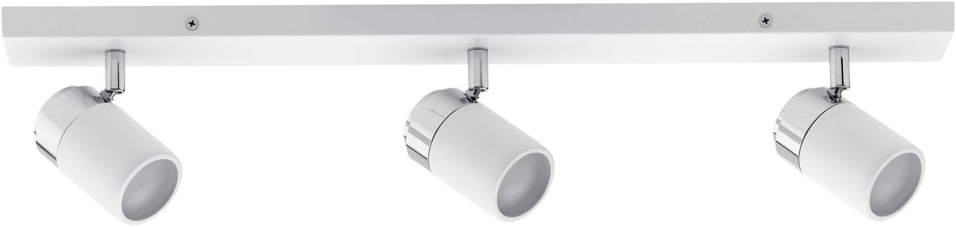 A white ceiling light with three adjustable cylindrical spotlights that can illuminate different areas of a room.