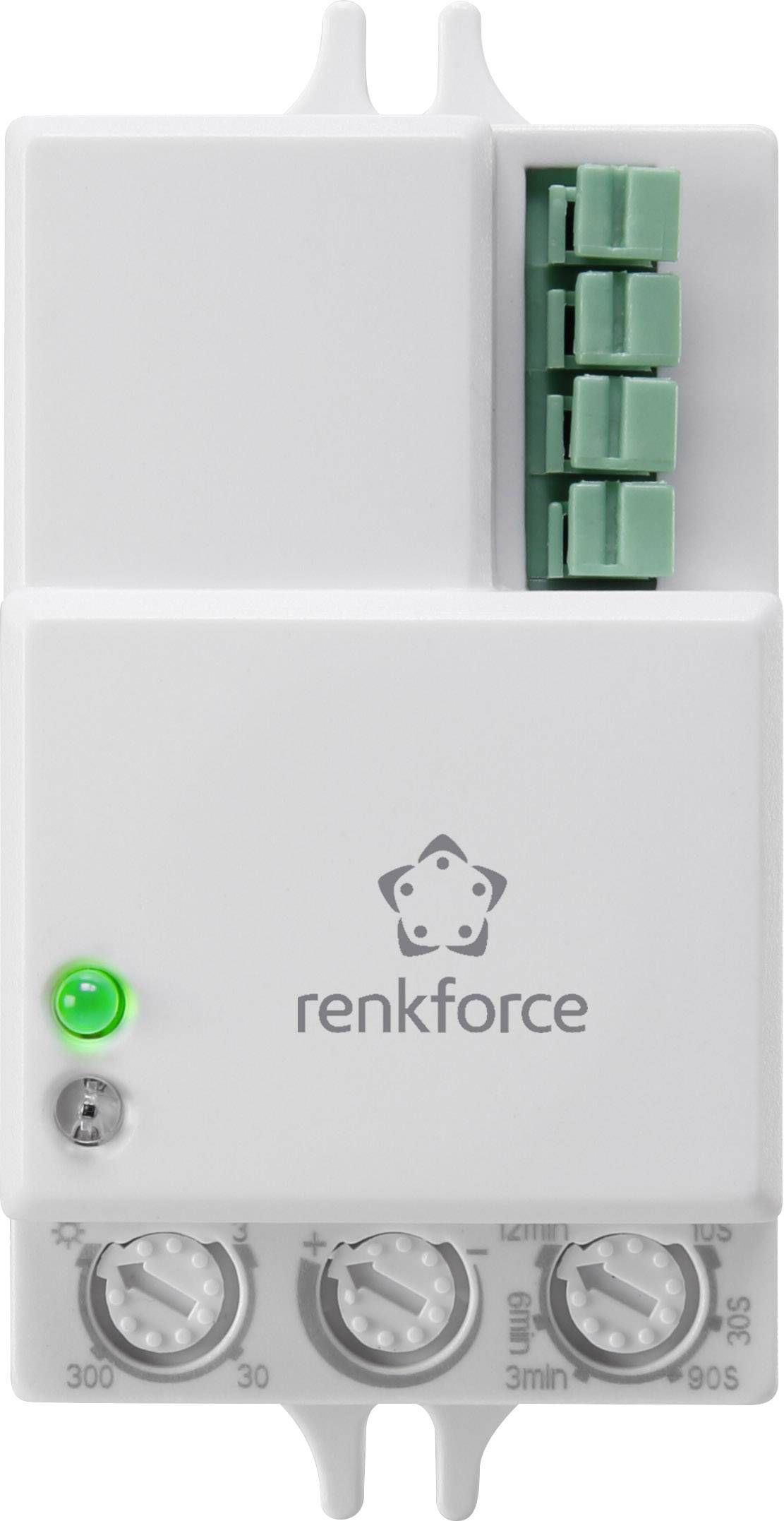 'Renkforce' time switch relay, white, with green plug-in terminals and three rotary controls for time setting. Suitable for time control.