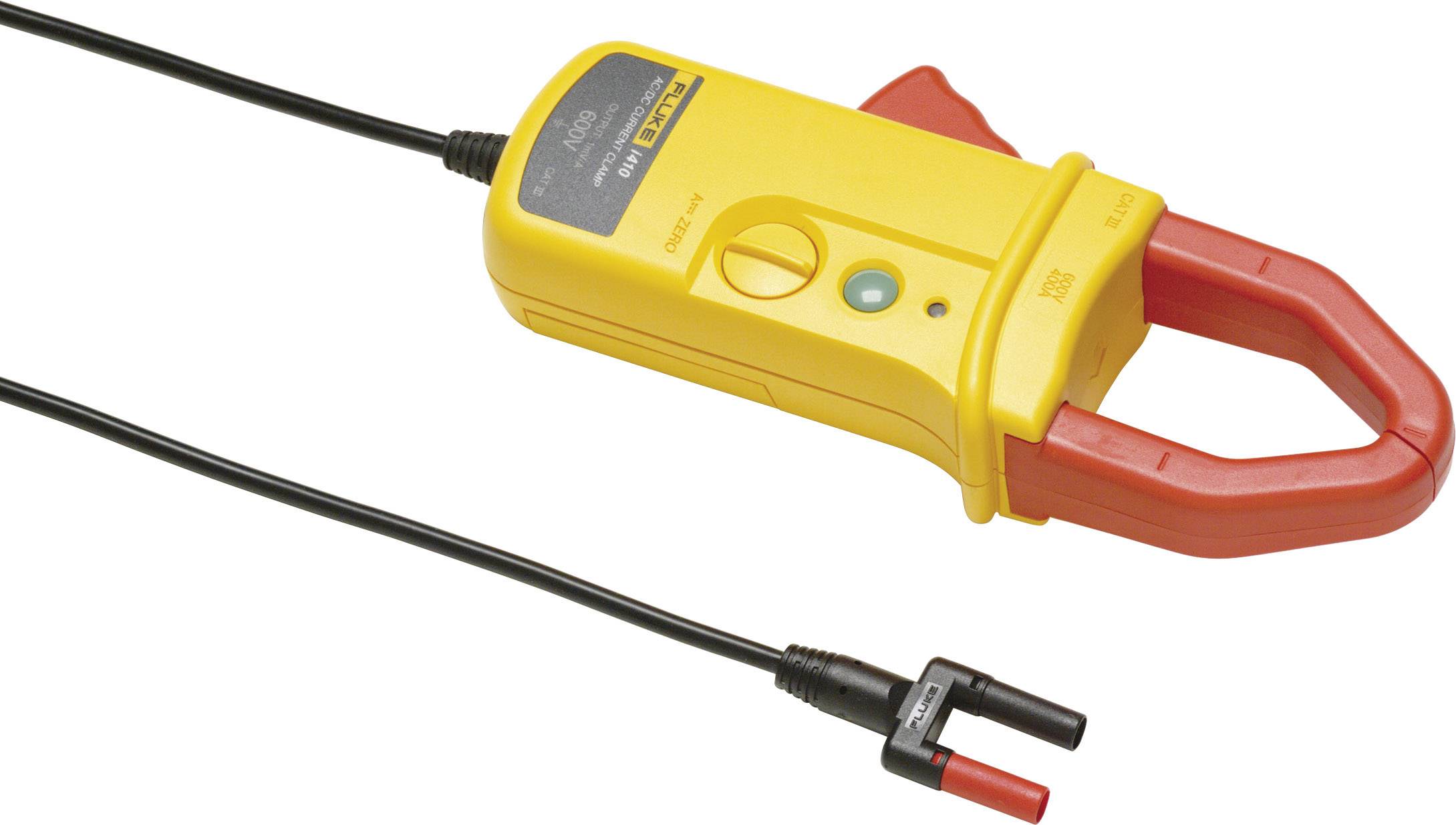 Yellow electrical measuring device with a red measuring head and black cable, used for voltage or current measurement.