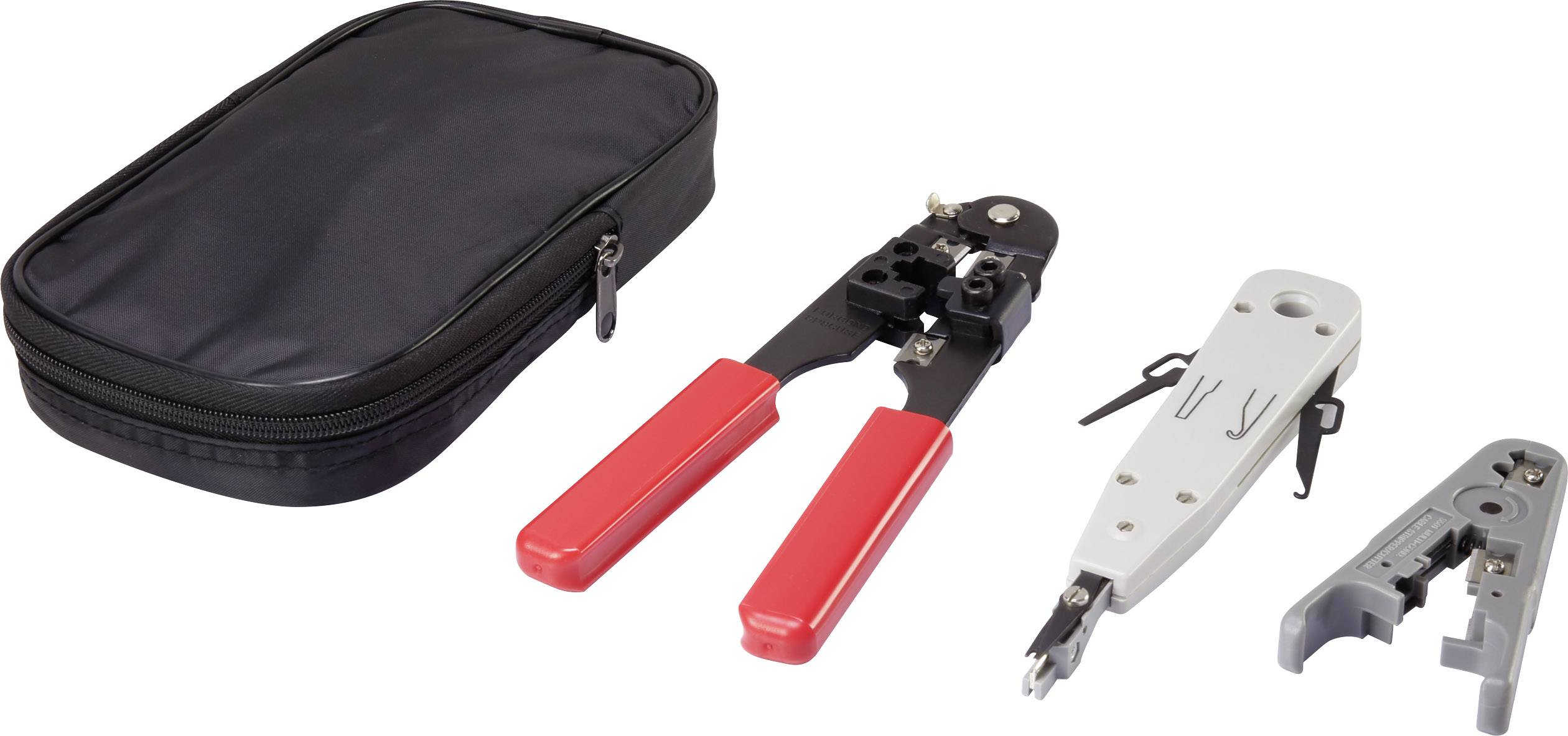 A network installation kit with a black bag, a red crimping tool, an LSA insertion tool, and a wire stripper.