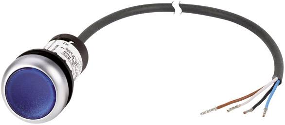 Round blue push button with black housing and cable with three exposed wires: brown, white, blue.