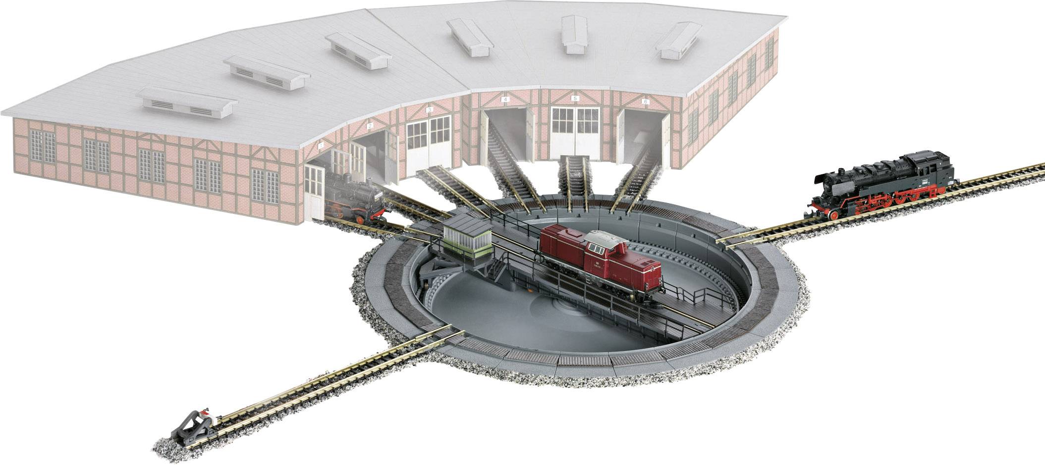 A turntable in front of a locomotive shed with steam-powered trains. A steam locomotive is positioned on the track.