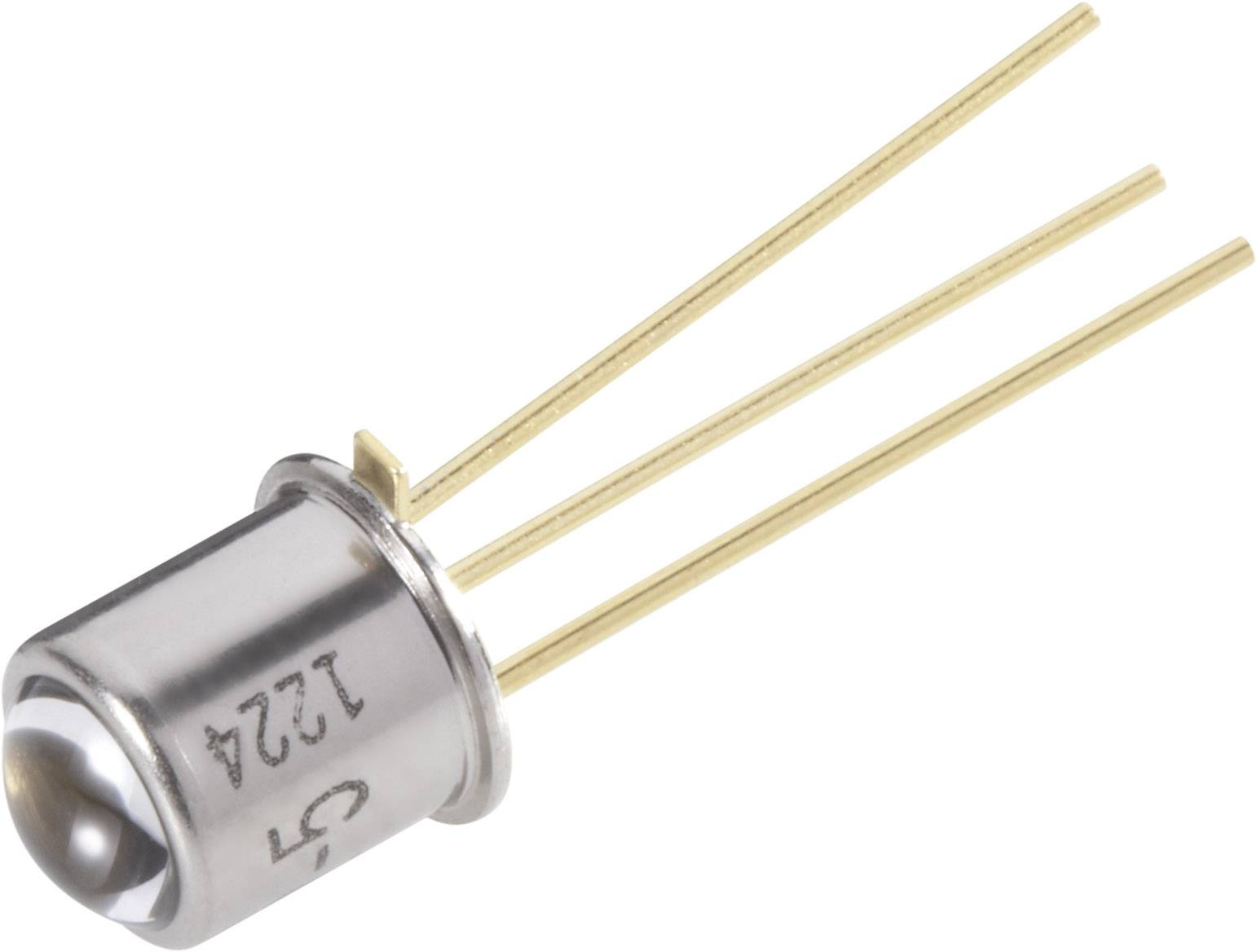 A round, metallic transistor with three gold-coloured connections, on a white background.